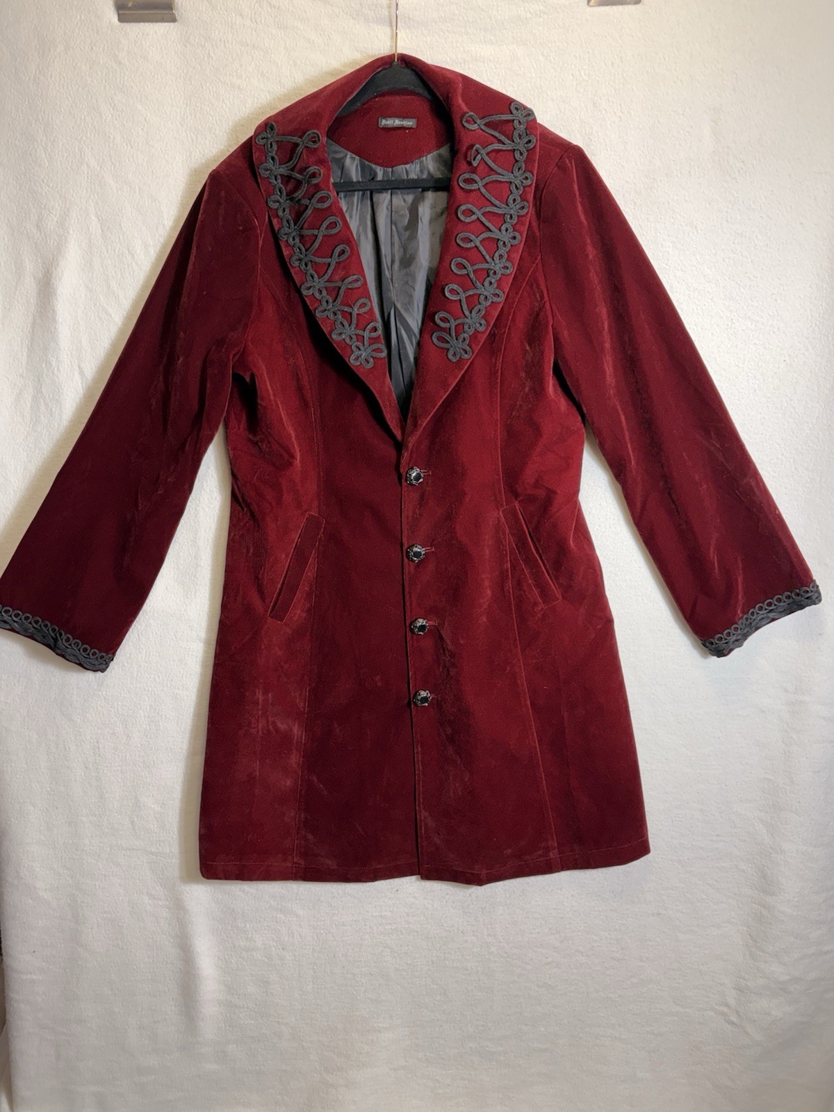 Devil Fashion Black Red Vintage Gothic Jacquard Long Velvet Coat Victorian Sz S