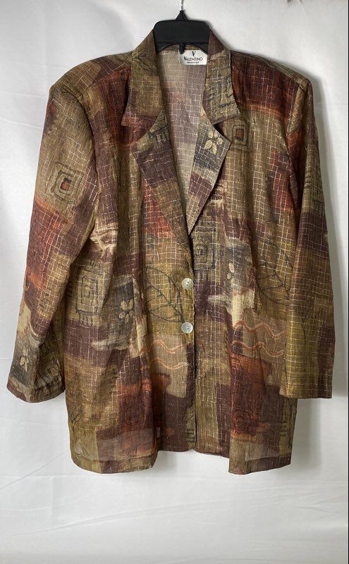 Vintage 90s Valentino Giovanni Women’s Brown Abstract Metallic Grid Blouse