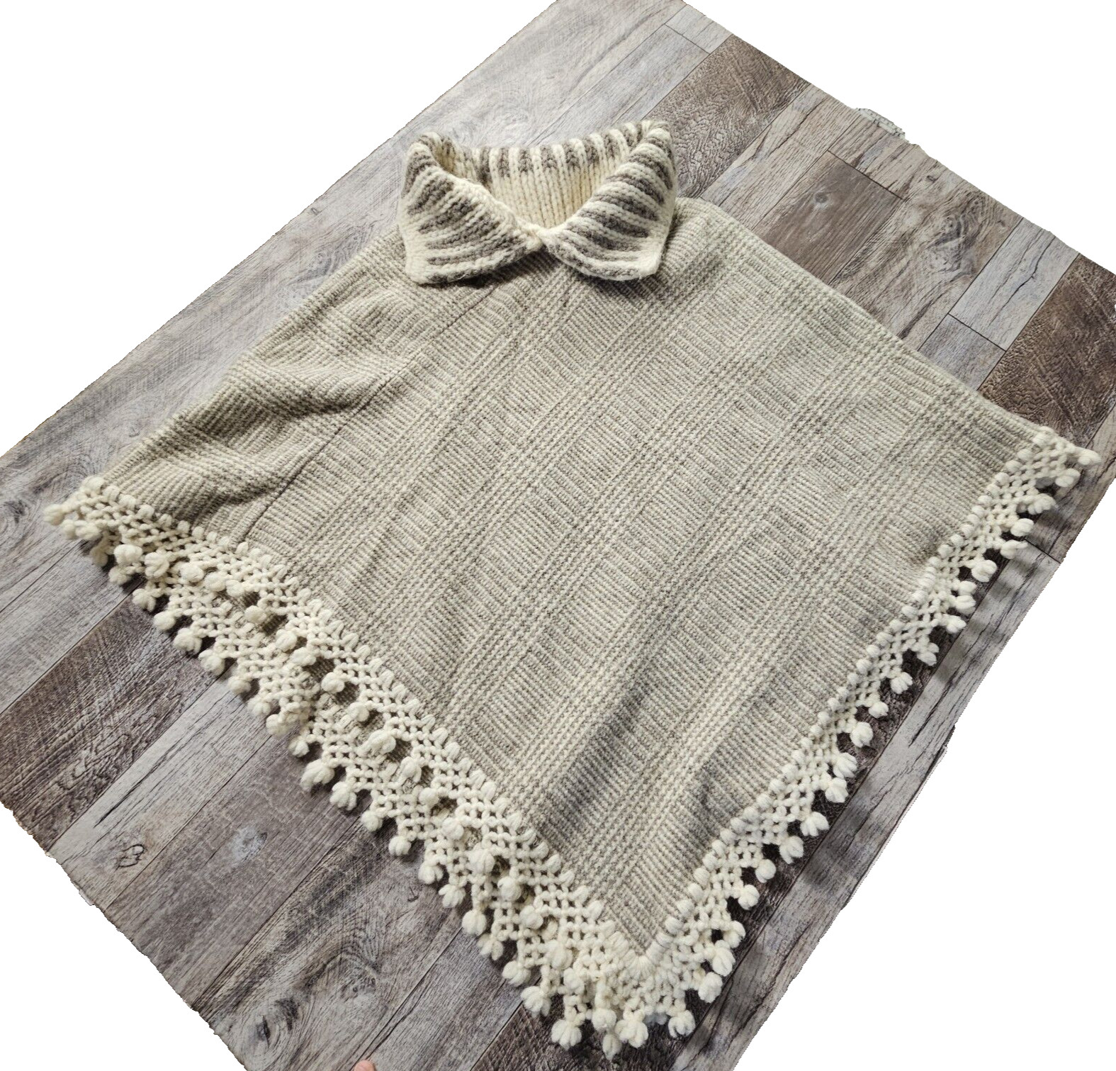 Wool Poncho Cape Fringe Handmade Mexico Vintage Crochet Hippie Boho Lagenlook