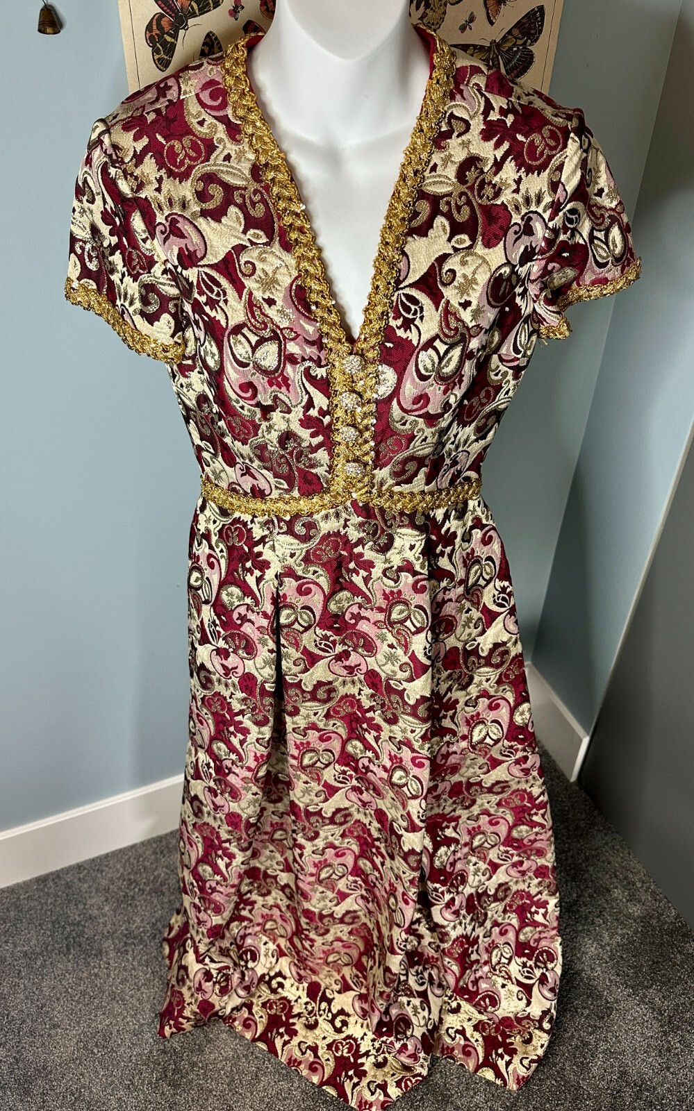 Vintage 1960s 60s Designer Harmay Burgundy and Gold Brocade Formal Gown