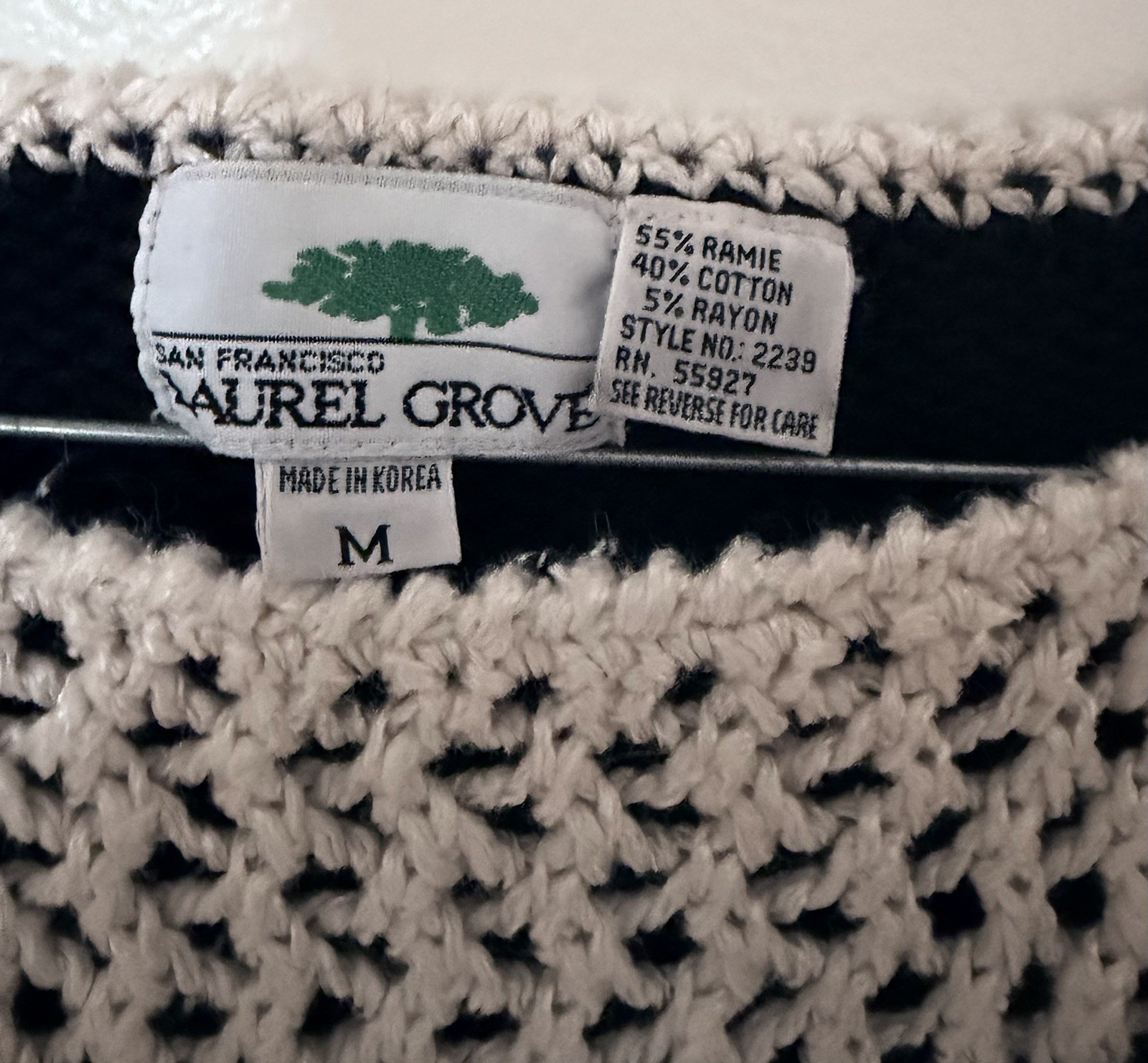 Vintage 90s Laurel Grove Short Sleeve Sweater M Black Cream Crochet Cropped Knit