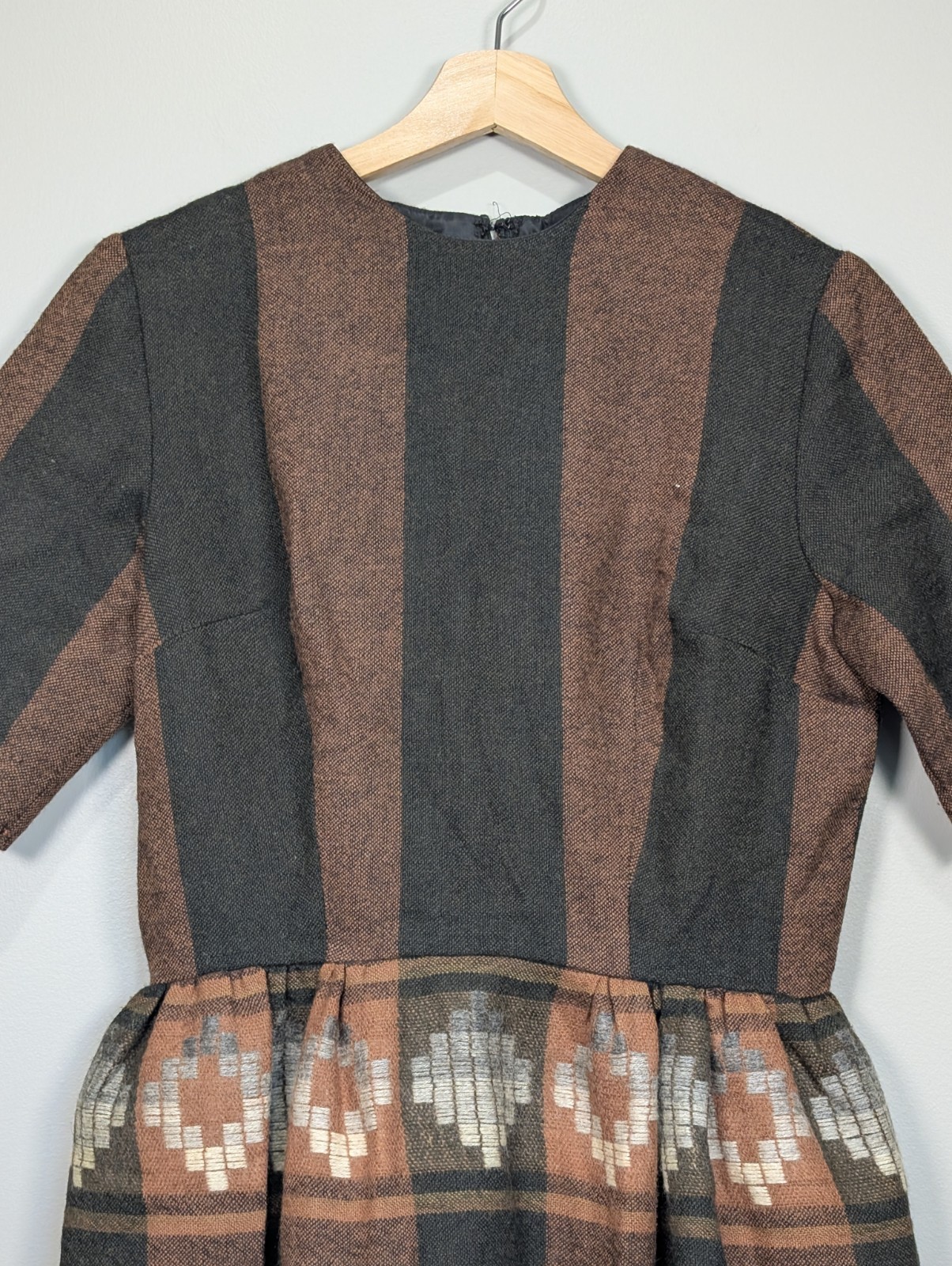Vintage Southwestern Wool Blend Midi Dress Brown Grey Striped Geometric Waist