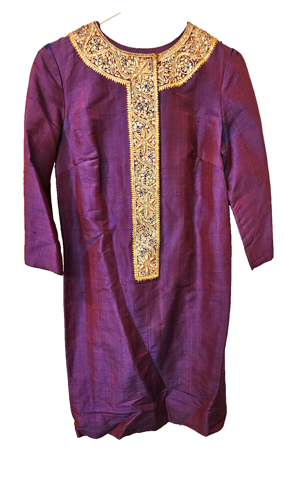 Maharani of India ’60s dupioni silk Jackie O dress thick gold bullion embroidery