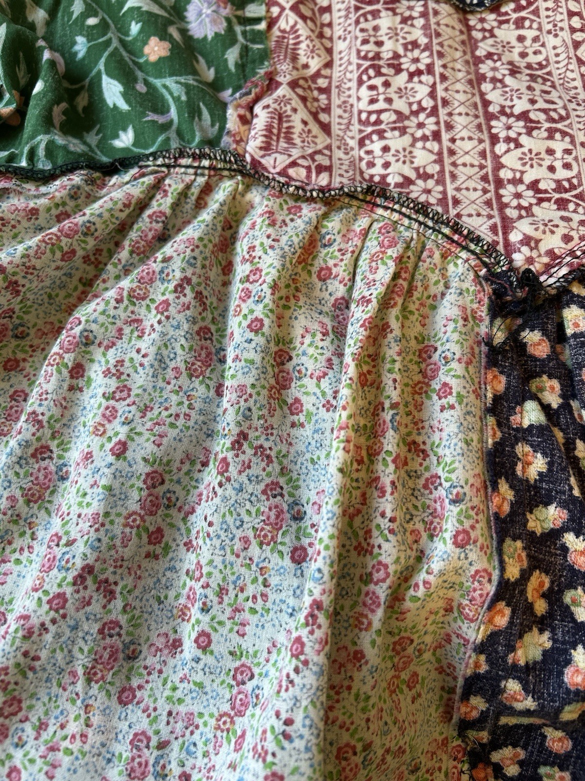 Vtg 1975 Boho Sm Blouse Pieced Quilt Patchwork Empire Waist Tie Back Eyelet yoke