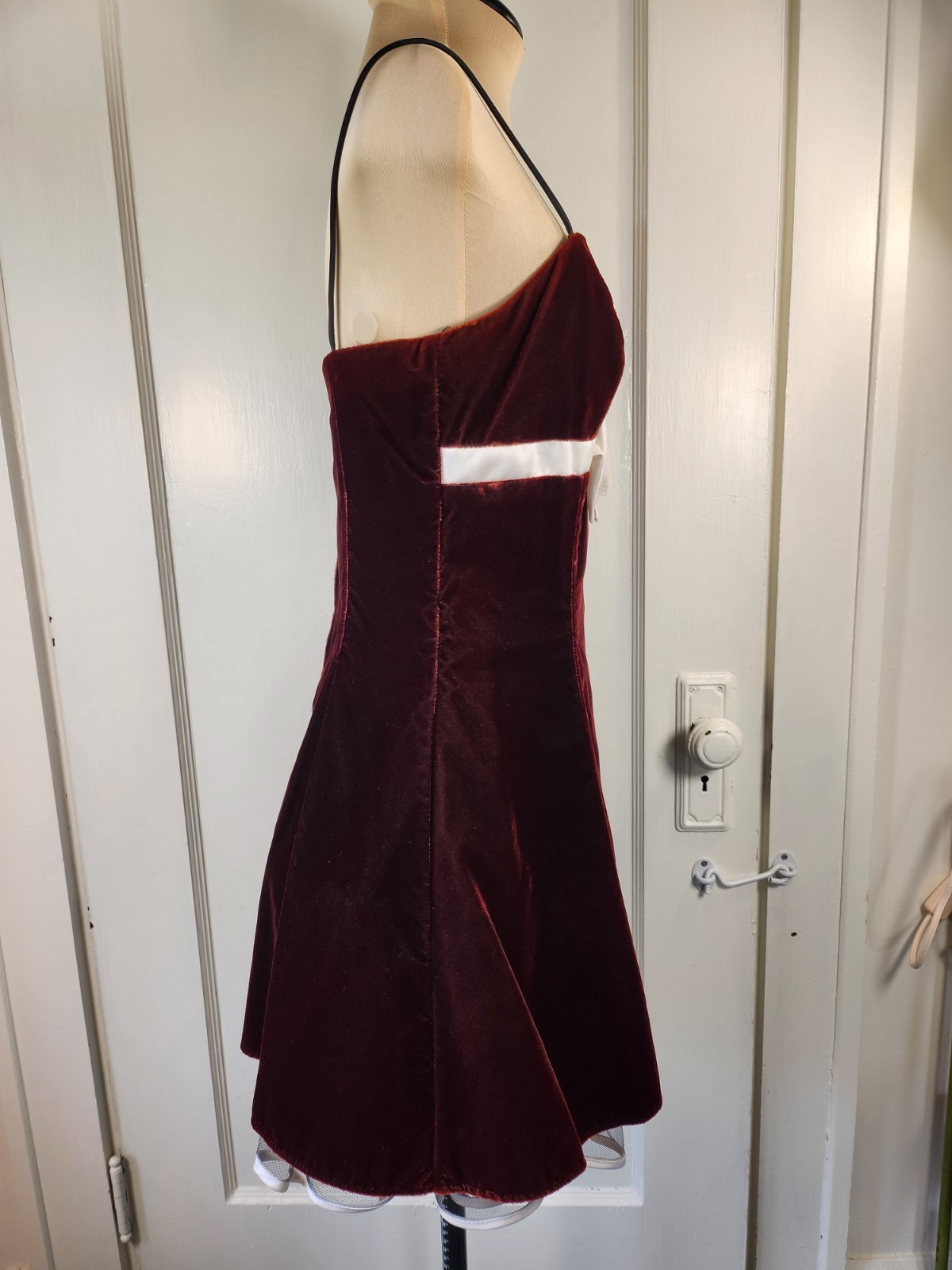 Vtg NWT 90s Y2K Empire Waist Bow Rhinestone Velvet Mini Dress Burgundy