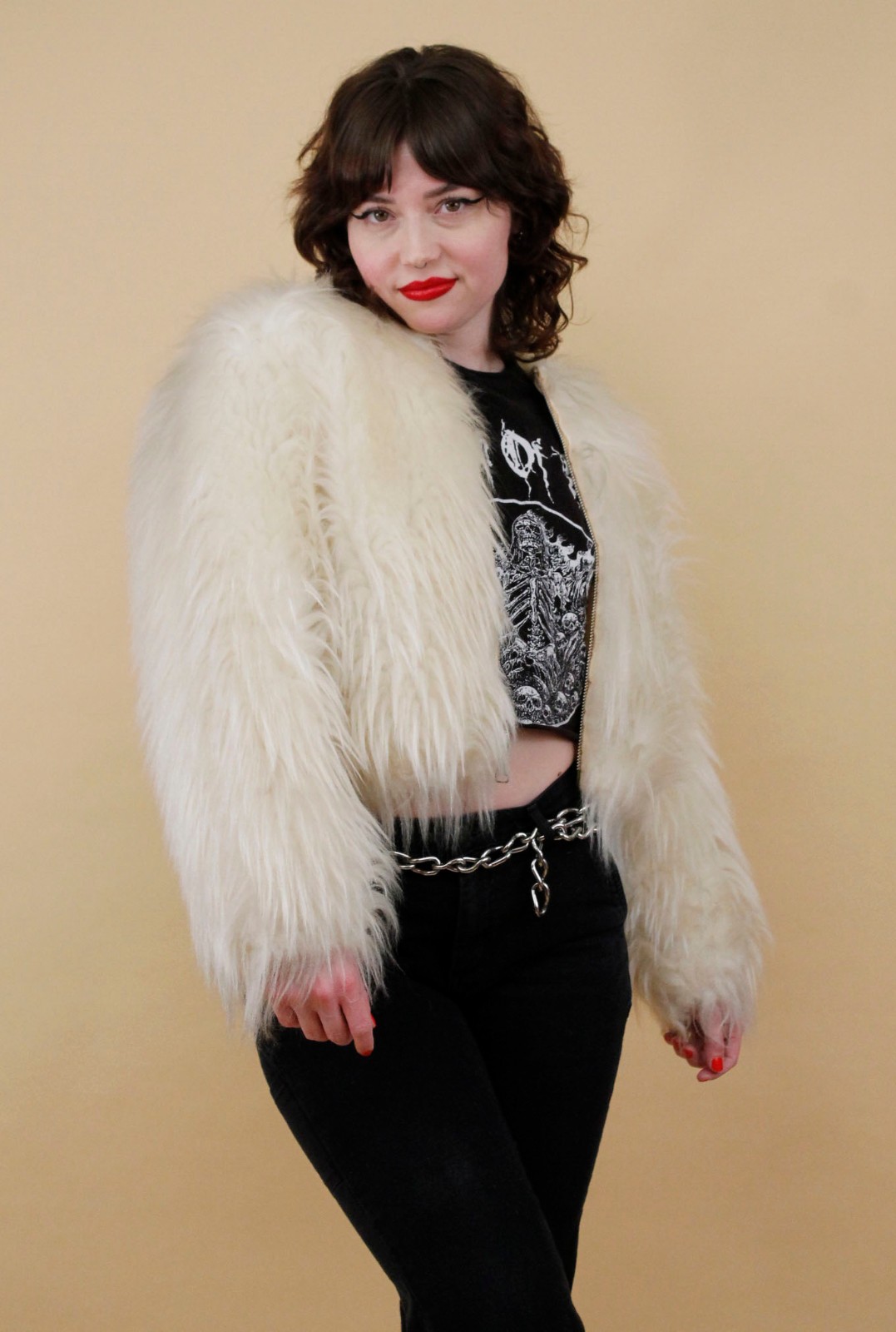 60s 70s Vtg Shaggy Faux Fur White Zip Up Crop Jacket Coat Mod Rocker Glam B34″