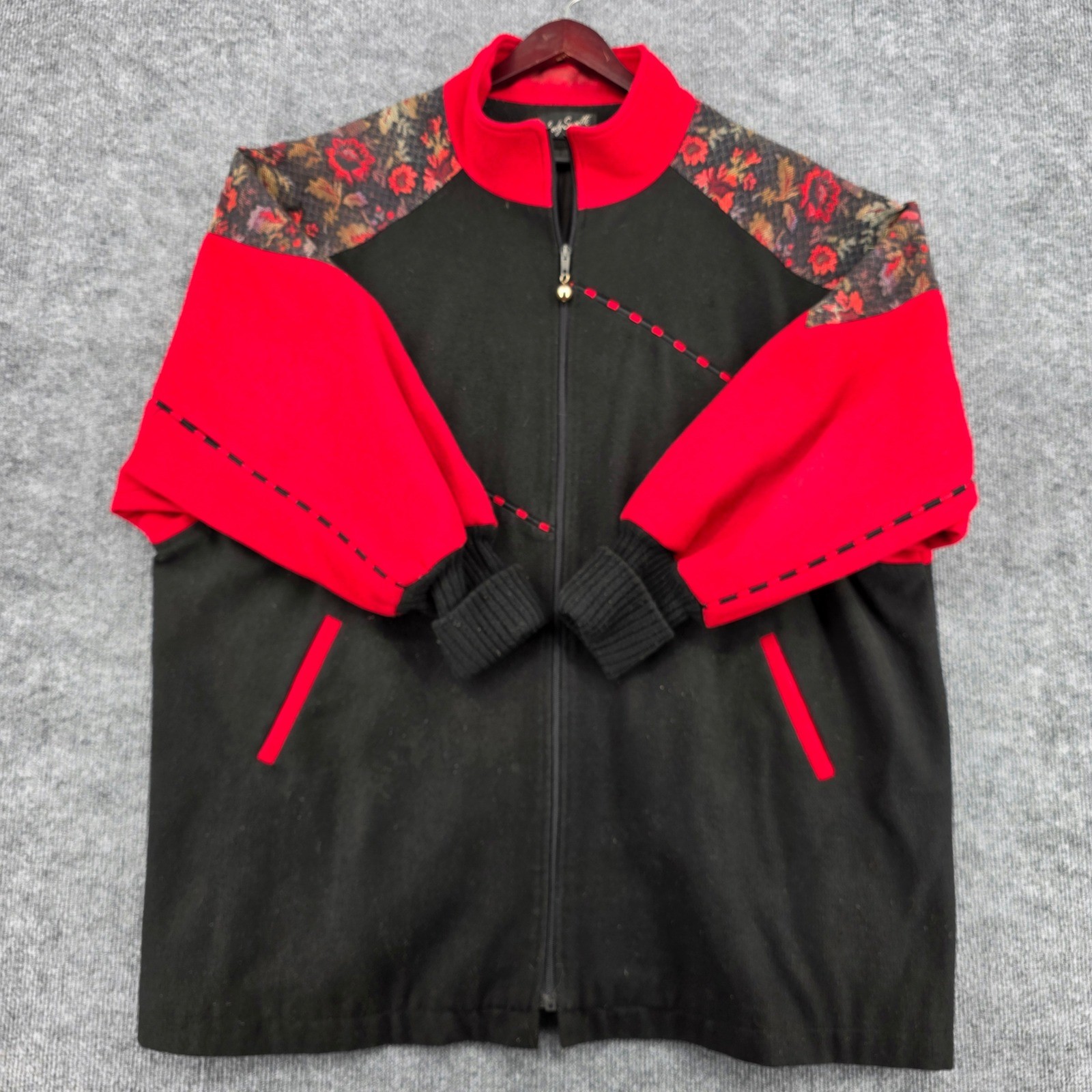 Lady Suzette Vintage Colorblock Floral Tapestry Bomber Jacket Black Red USA Made