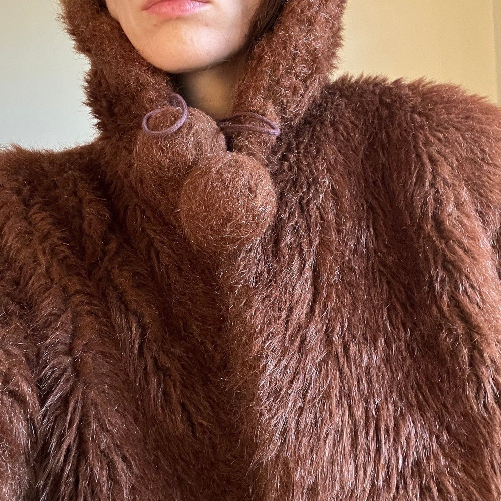 Vintage 70s Brown Faux Fur Coat Pom Pom Toggle Teddy Penny Lane