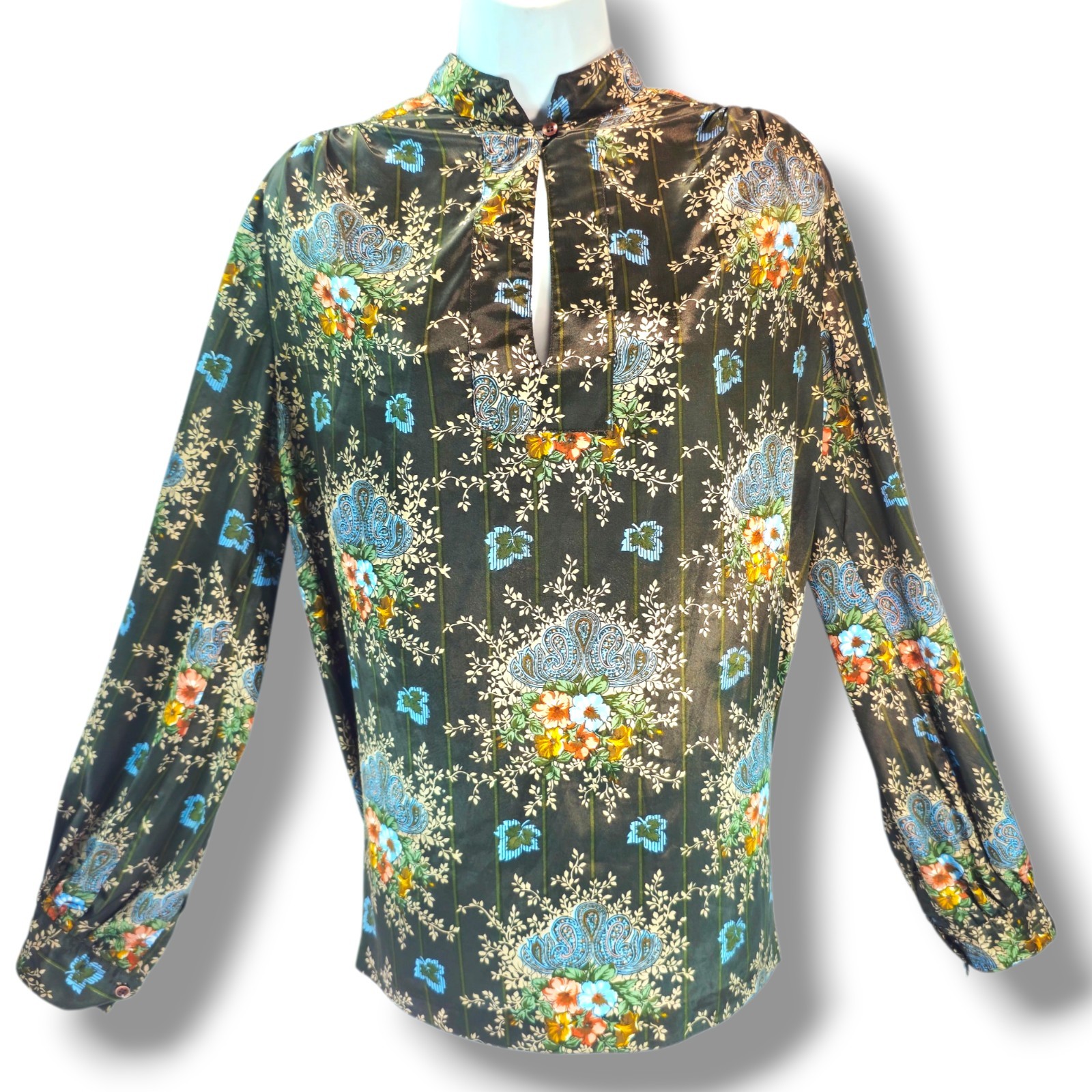 VTG 70’s Lady Manhattan Brown Paisley & Floral Blouse Sz 12 Replique Collection