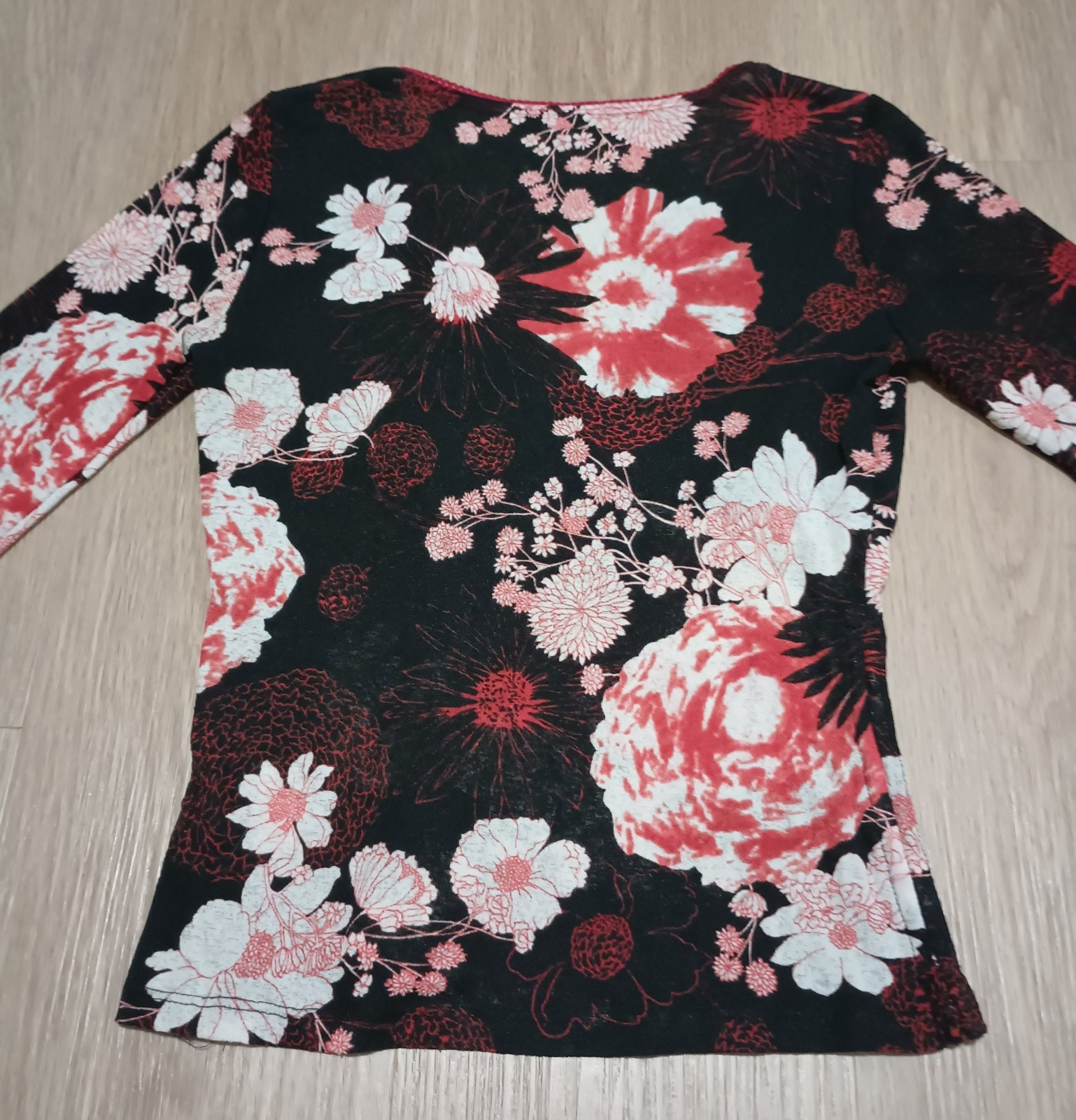 Vtg 90s Stretchy Asian Motif Floral Paint Artsy Surplice Wrap Trumpet Slv Top XS