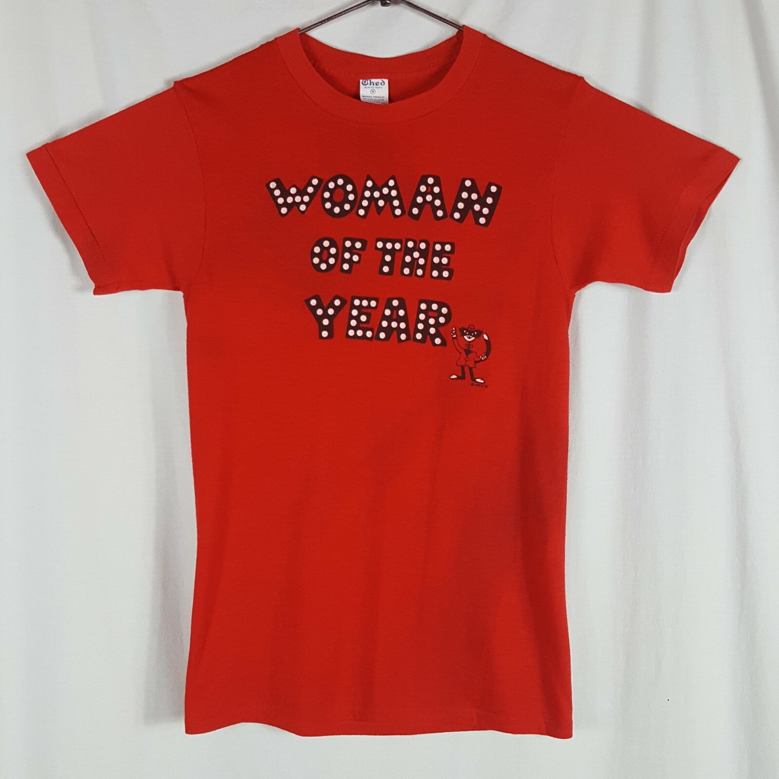 Vtg 80s Woman Of The Year T-Shirt M Red Cat Single Stitch 50/50 USA Ched Ladies