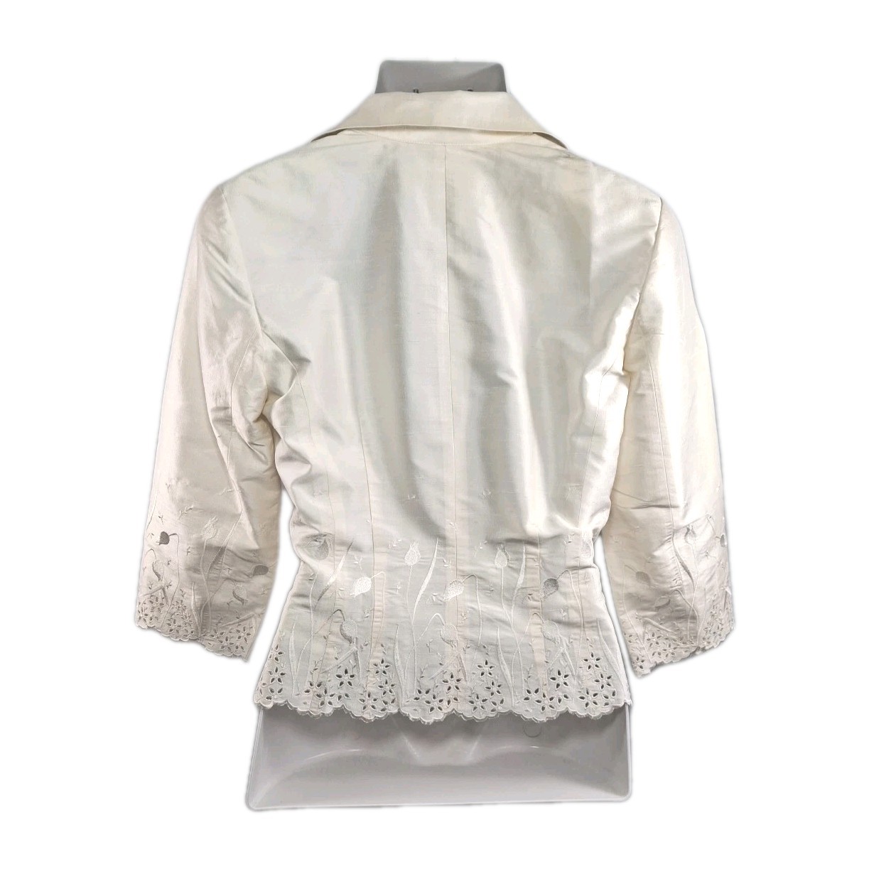 VTG Cachet Ivory Evening Jacket Sz 12 100% Silk Embroidered Zip Front 3/4 Sleeve