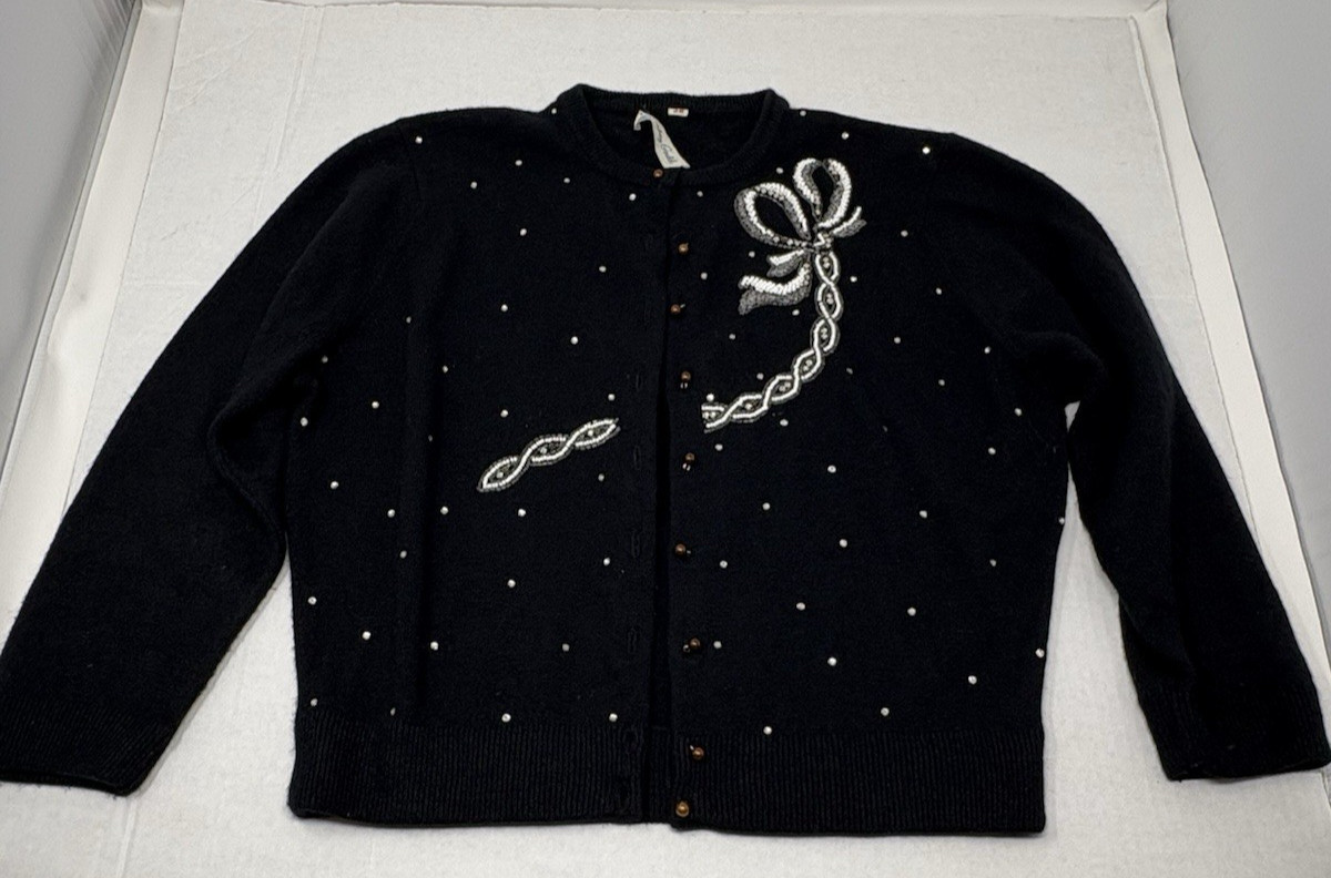 Vintage 1950’s Beaded Cardigan Sweater Black Med 38 Rhinestones Retro Gould