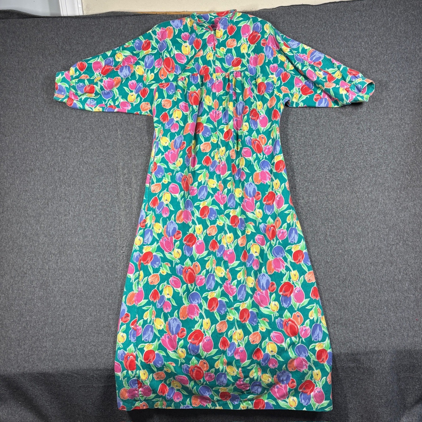 Vintage Lucie Ann Tulip Floral House Dress Green Pink Red Maxi Lounger Small USA