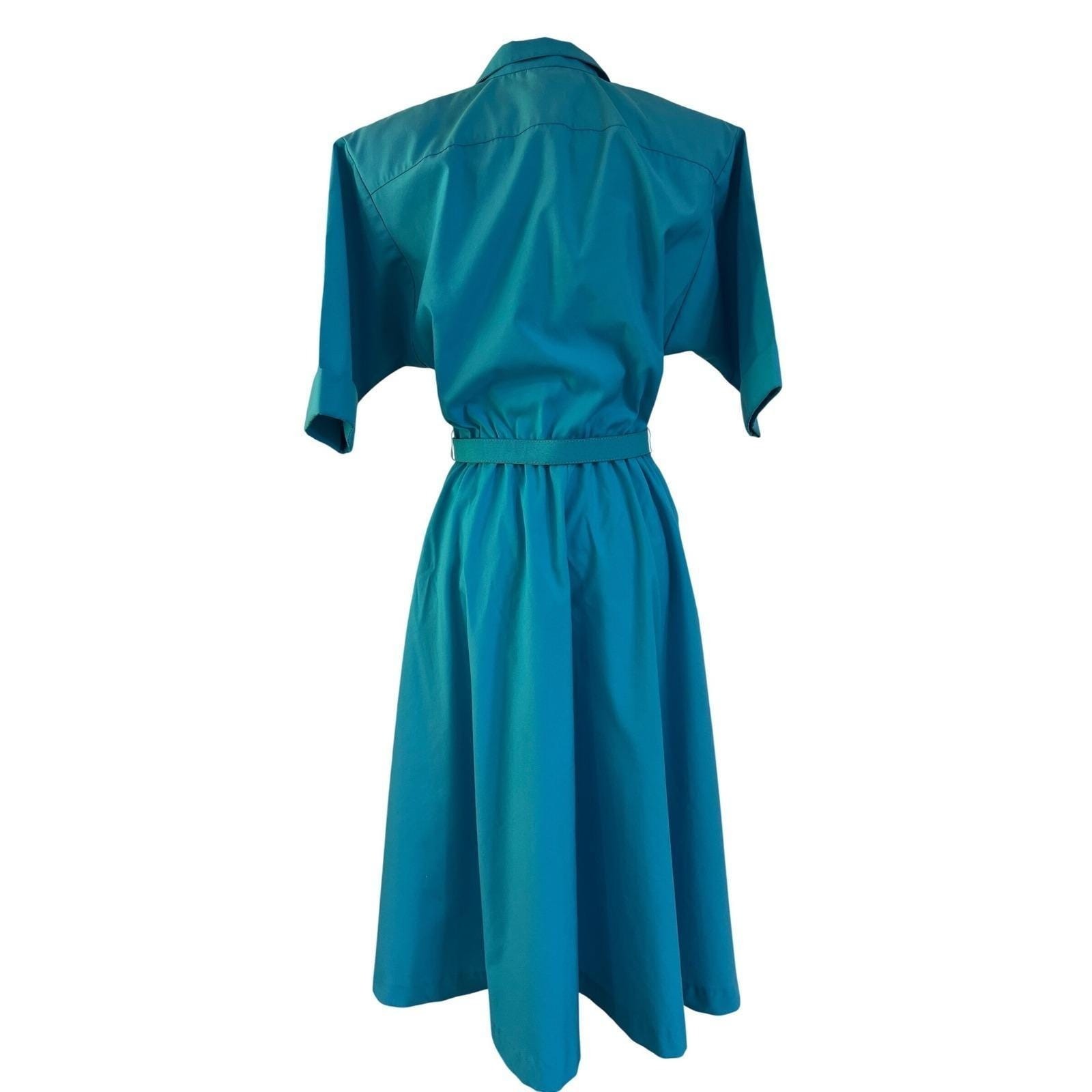 Vintage Teal Shirt Dress Belted Western Midi USA 80s Button Front Size 6