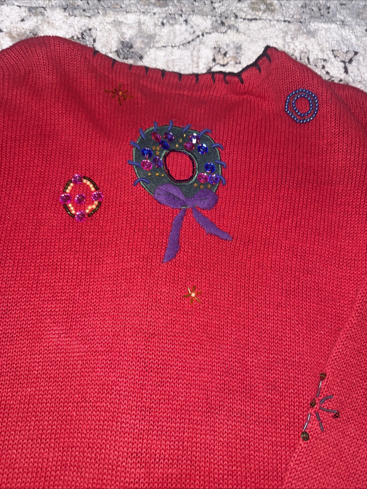 VTG Gladys Bagley Christmas Cardigan Knit SWEATER 1X Beads Rhinestone Embroidery