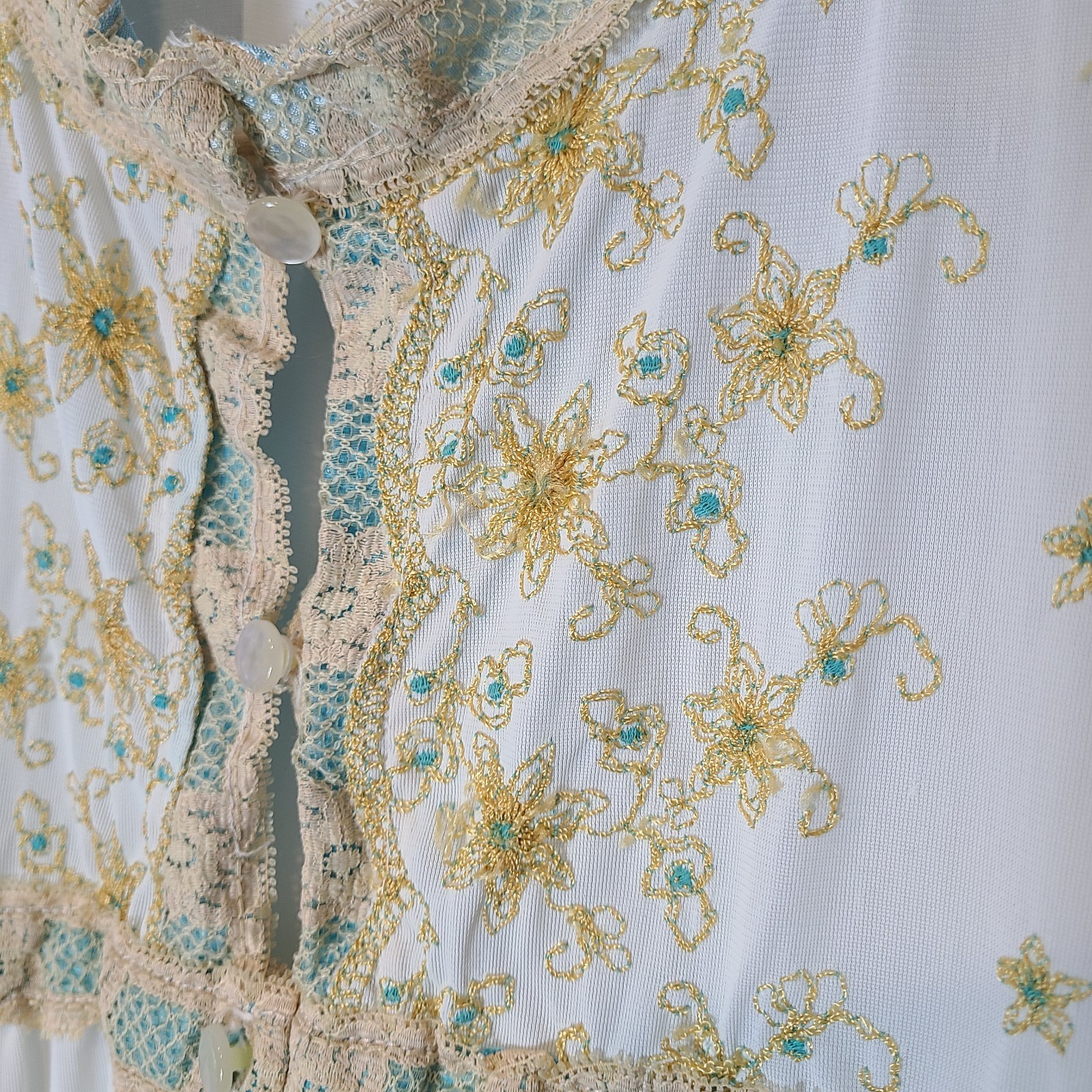 Vintage 1970s White Nylon Nightgown Lace Turquoise Gold Ren Faire Regency Fairy