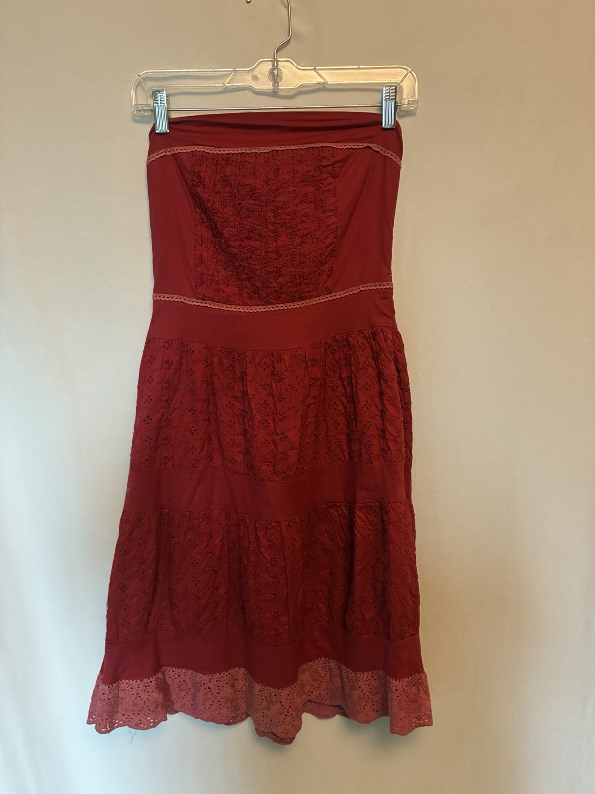 Vintage Beaubois Strapless Red Dress Small Lace Cottage Boho