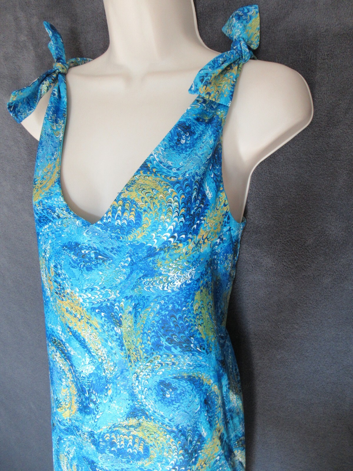 60’s 70’s Vintage Psychedelic Blue Illusion Tie Shoulder Shift Mod Sun Dress M/L
