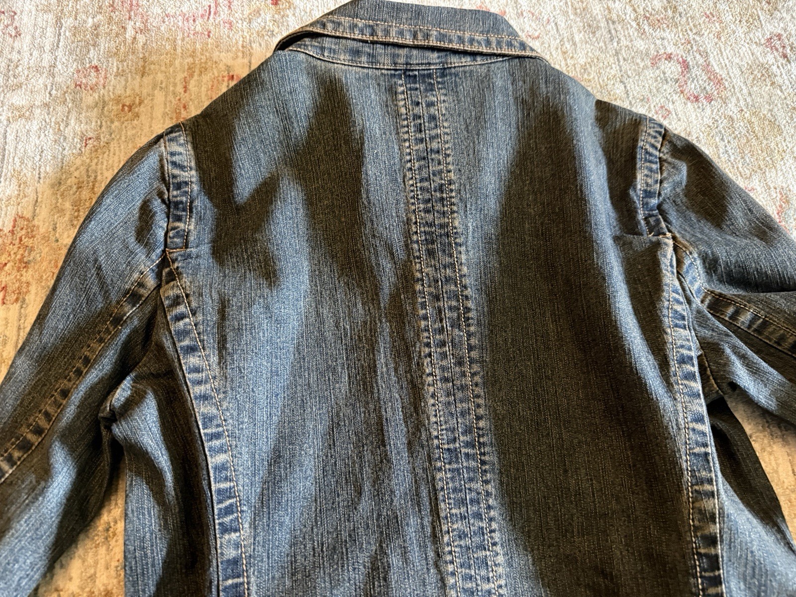 Vintage TapeMeasure Denim Jacket Belted Stretchy Blue Brown Pockets Women 10 EUC