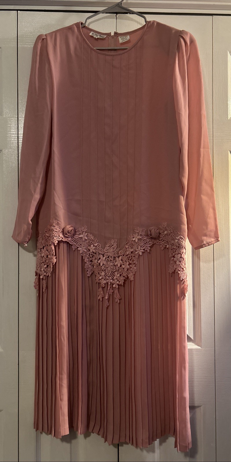 Vtg 80s In The Mood Pink Drop Waist Dress Lace Rosettes Pleated Size 14 Romantic