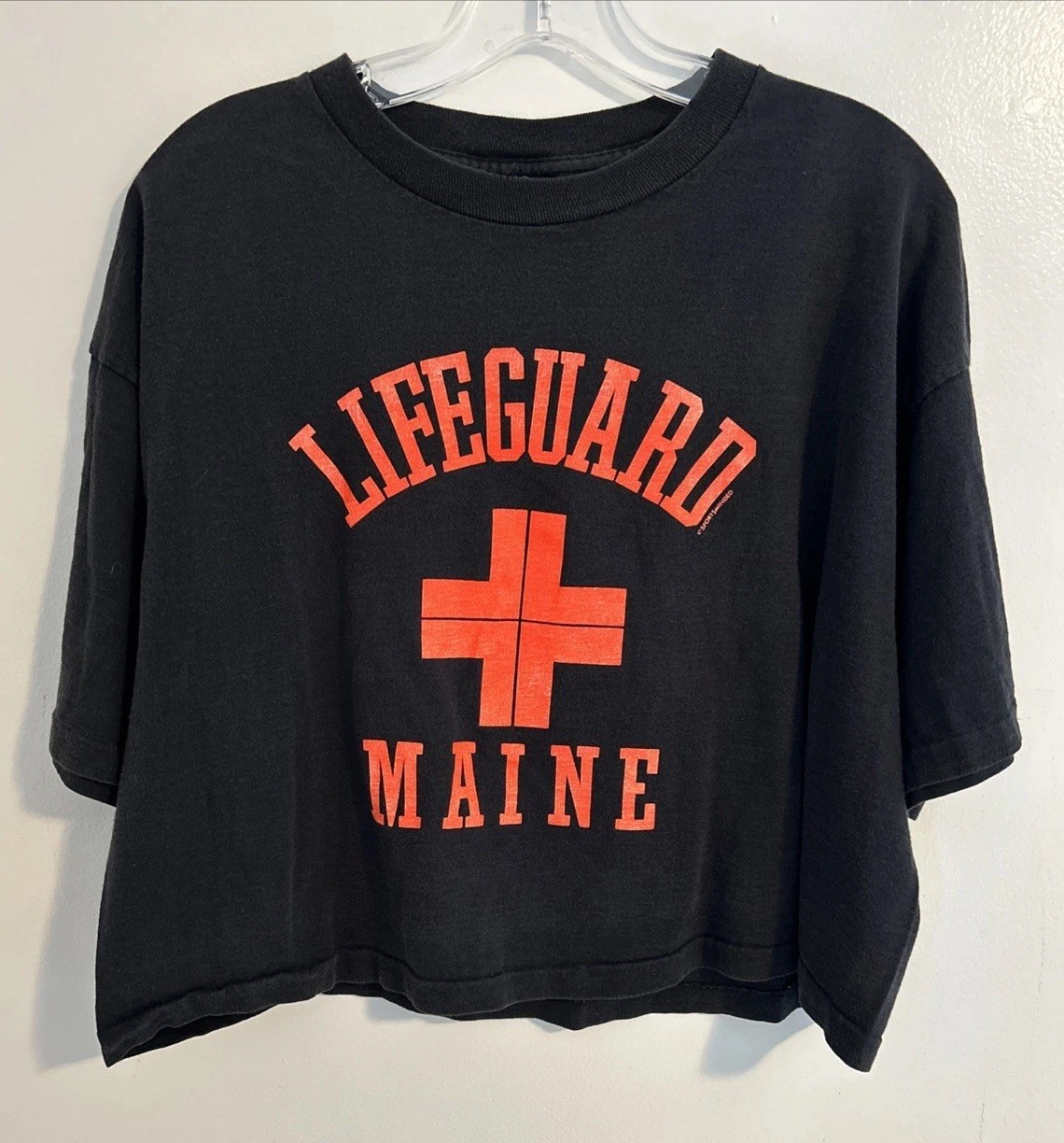 Vintage Mid 80’s Anvil Maine Lifeguard Single Stitch Crop Top Black Size Med/Lg