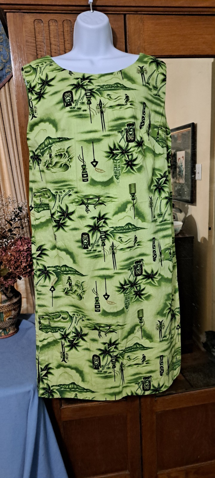 Vtg 60s Hawaiiana Sheath Dress Green Tiki Surfers Made In Hawaii Medium