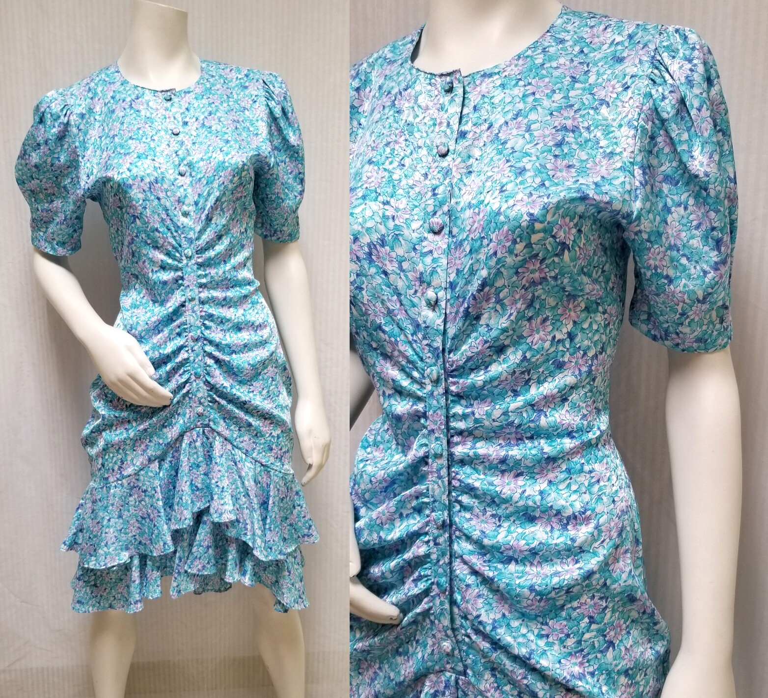 Vintage 1980’s JONATHAN MARTIN Blue Floral Ruffle Hem DRESS – Size M – EUC