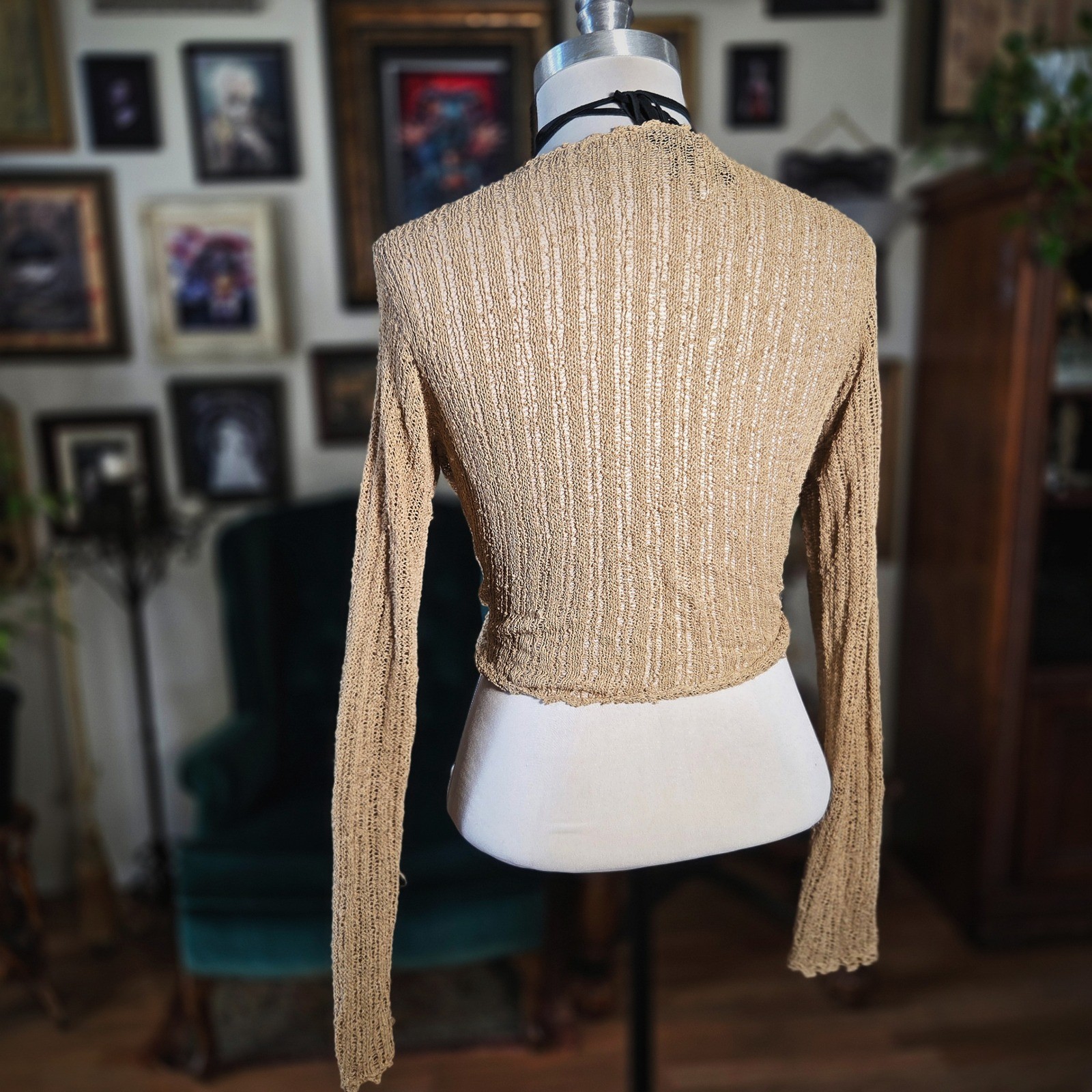 Gabriel S Cardigan Vintage Y2K Tan Tie Front Open Knit Sweater Top Boho Small