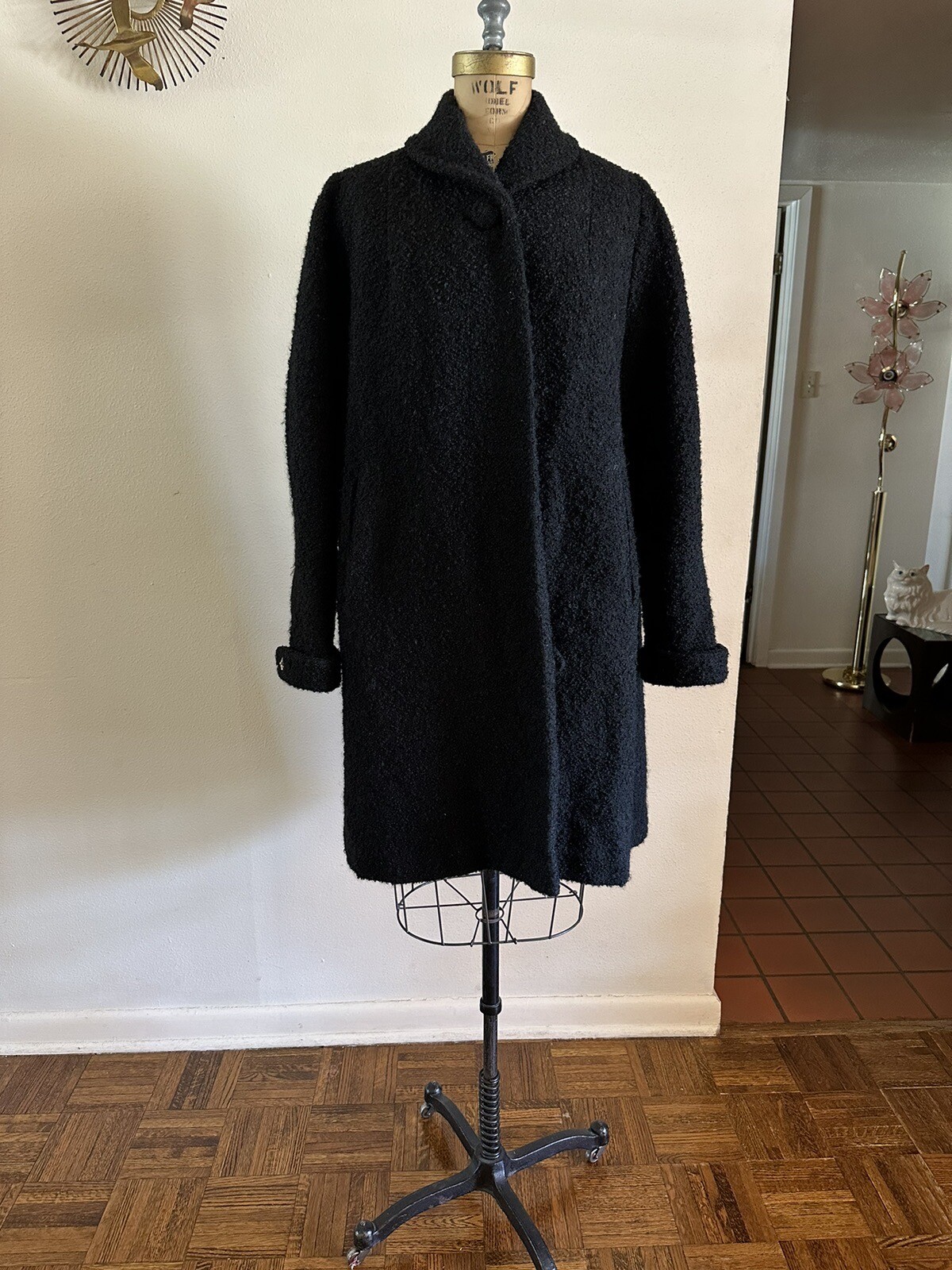 1940s Boucle Wool Swing Coat Holiday Shawl Collar Jacket Rhinestone Cuff 50s VTG