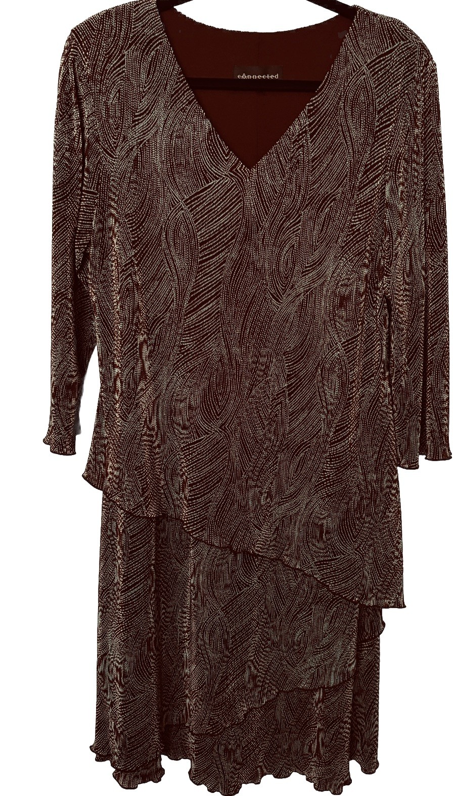 VTG Connected Dress Brown Blue Dots Swirl Layered Dress Modest Slimming Large