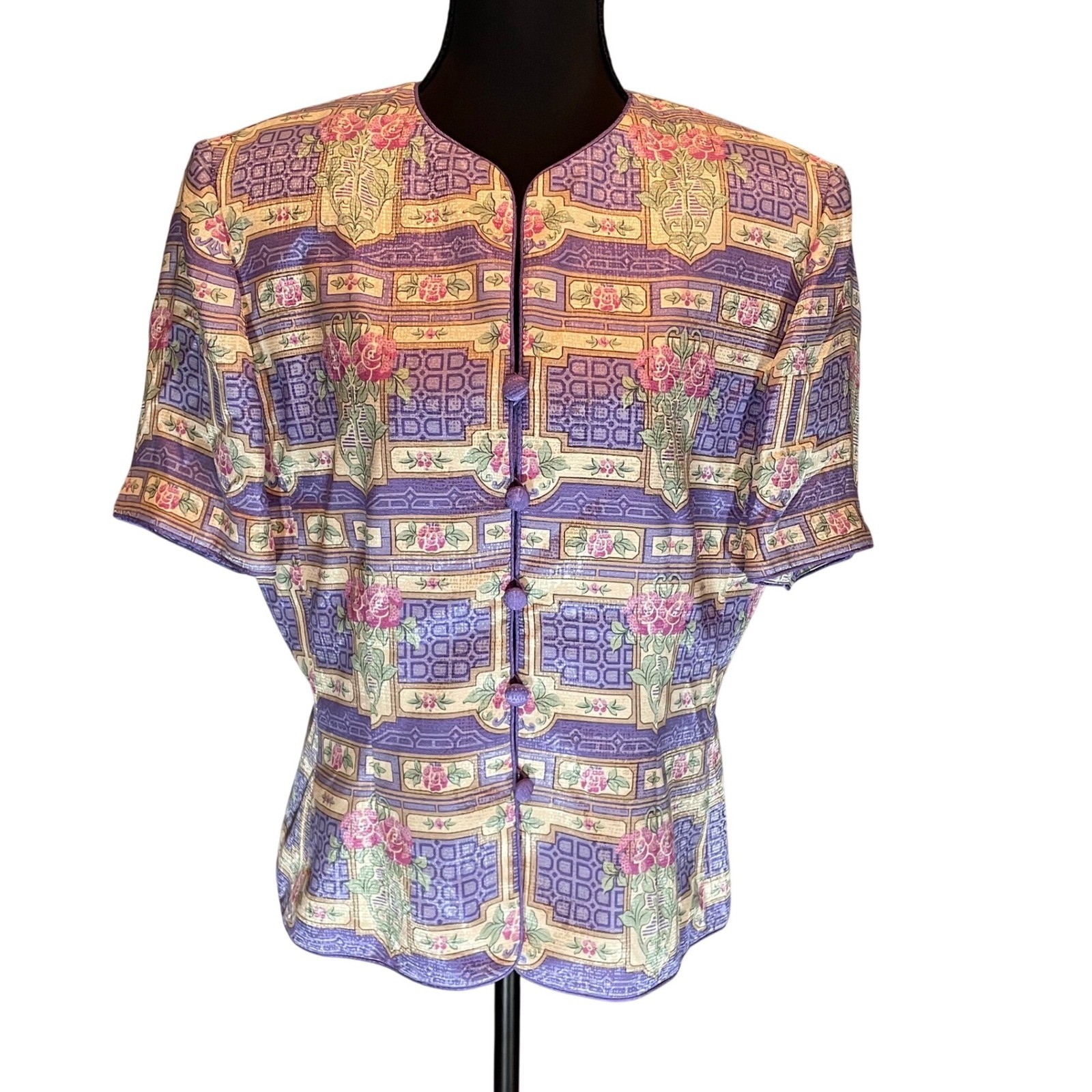 Adrianna Papell Vintage 100% Silk Floral Geometric Frog Button Blouse Purple 12