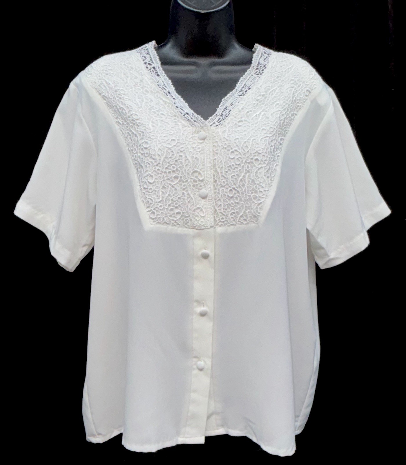 Vintage Sellecca Women Size 14 Button Up Short Sleeve Lace V-Neck Blouse Ivory