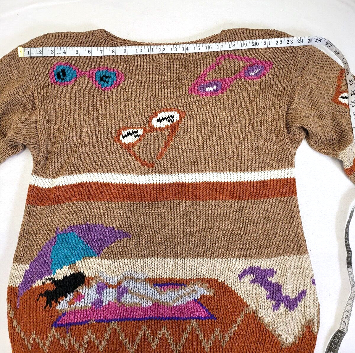 VTG NANNELL Beach Theme Hand Knit Sweater Sunglasses Palm Tree Sunbather Medium