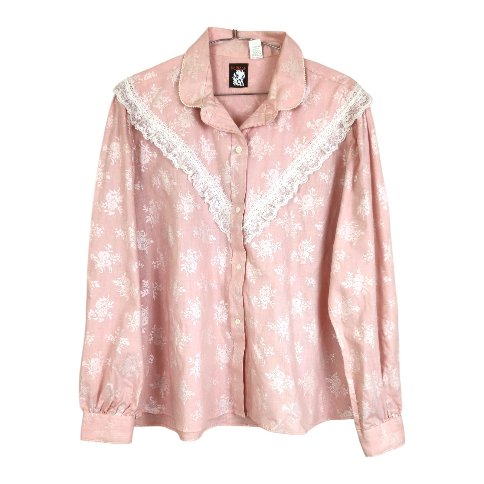 Vintage Karman Womens Pink Western Shirt XL Lace Pearls Roses Coquette Cowgirl