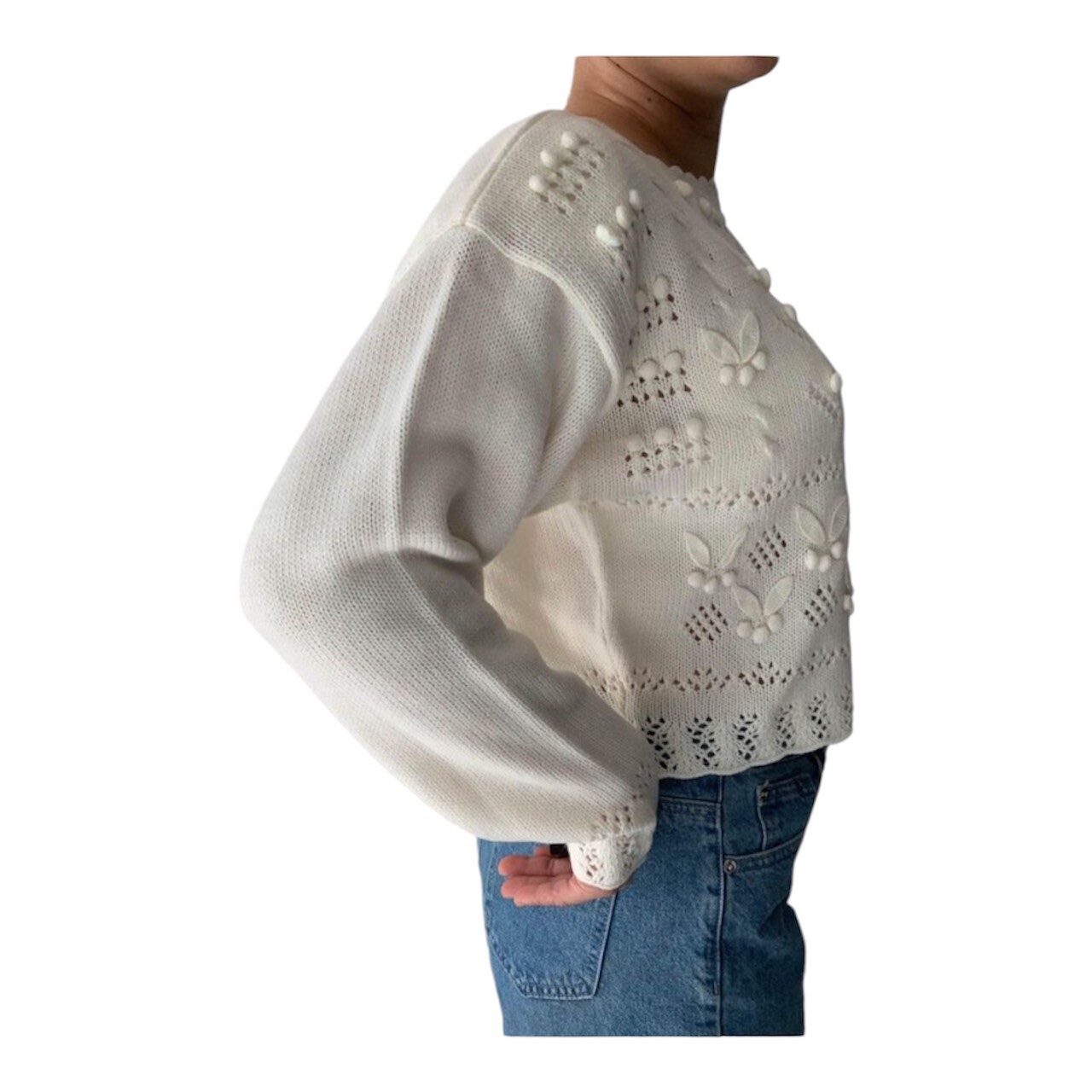 New Rare Item Vintage 80s Retro Cream Crochet Floral Sweater Medium