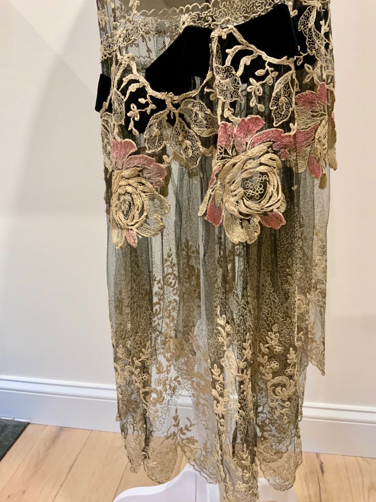 Rare 1920s French Lace Dress. Black Net & Pink Floral Embroidery. Restored S