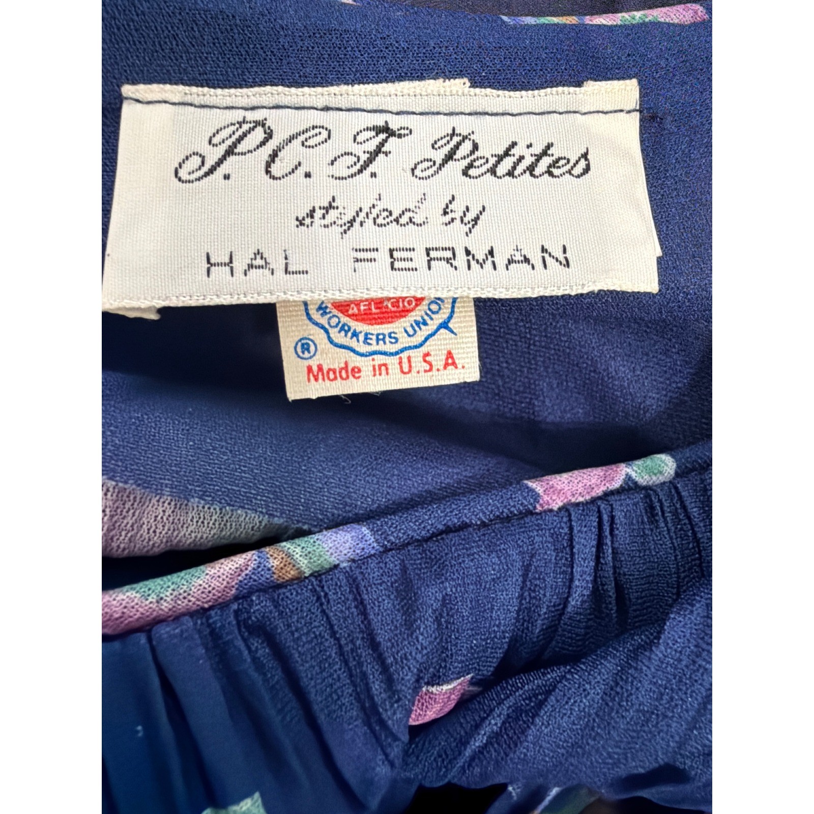 VTG 70s P.C.F. Petites by Hal Reman Dress 12 Navy Blue Floral Pleated Sheer USA