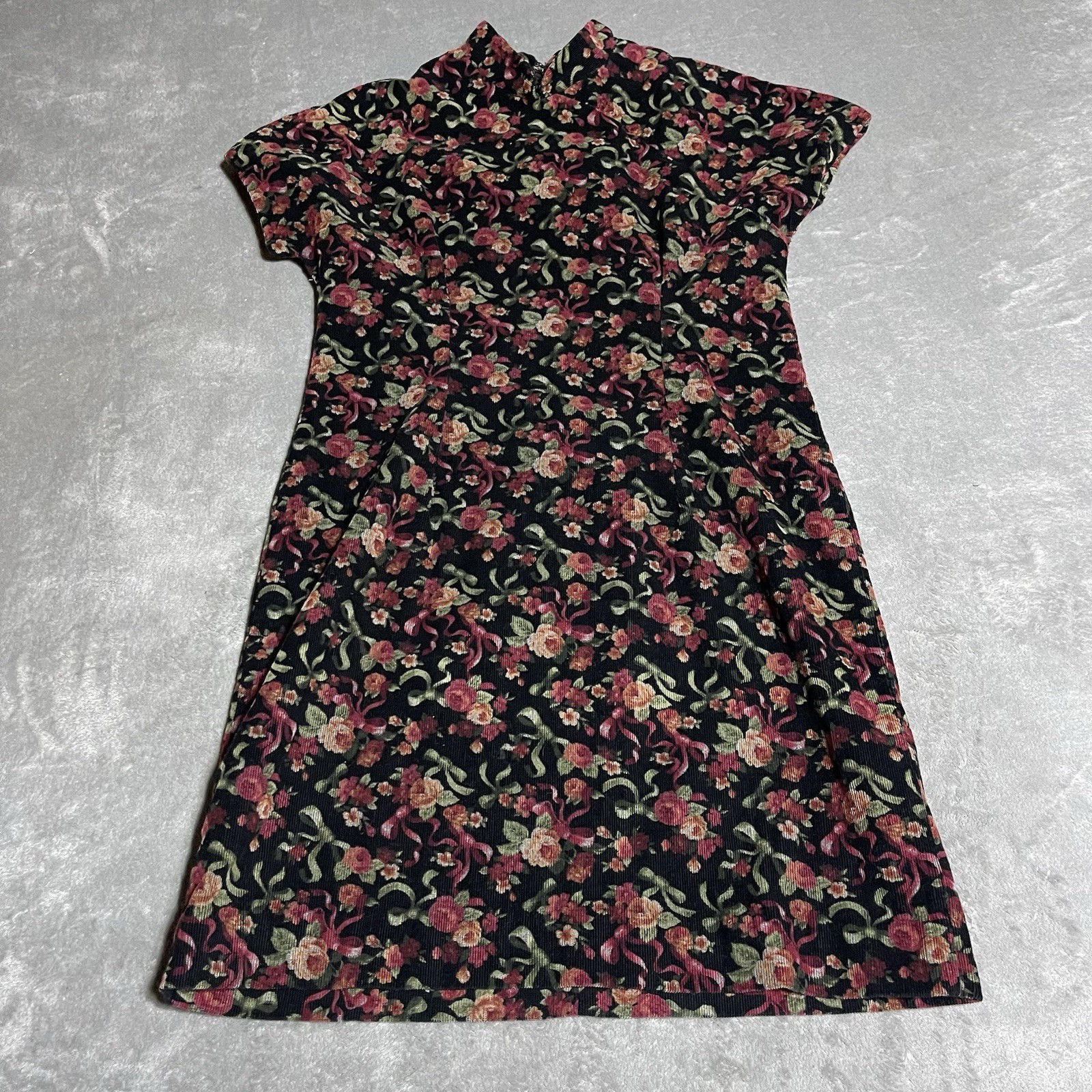 Vintage 1970s Dress Womens Small Black Floral Bows Whimsigoth Retro Mock Neck