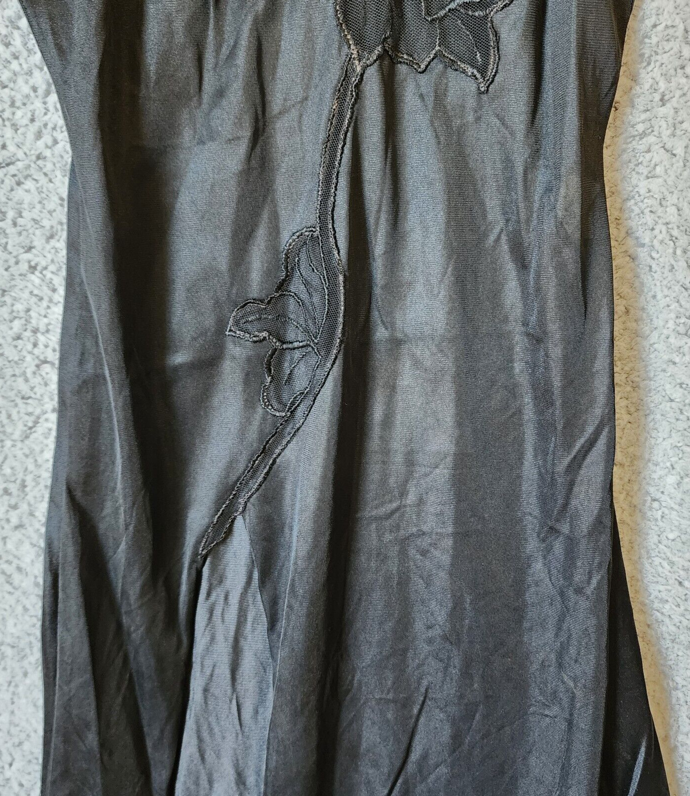 Vtg Joie De Vie Nylon Satin Nightgown Plunging Lace High Slit Sexy Black Petite