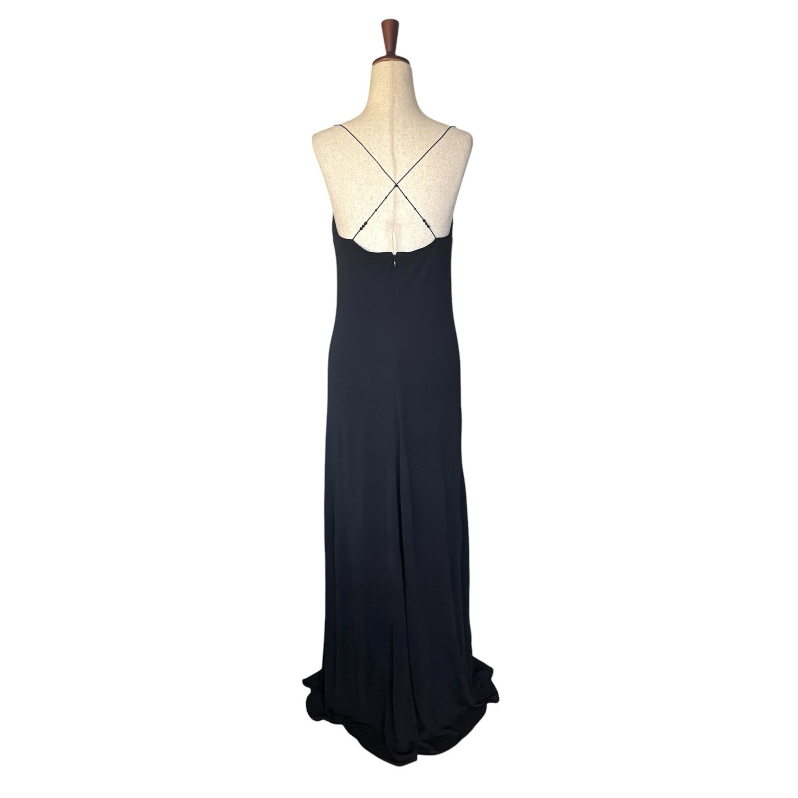 Vintage 90s Laundry Black Slip Maxi Dress Gown Beaded Straps Minimal Formal sz 6