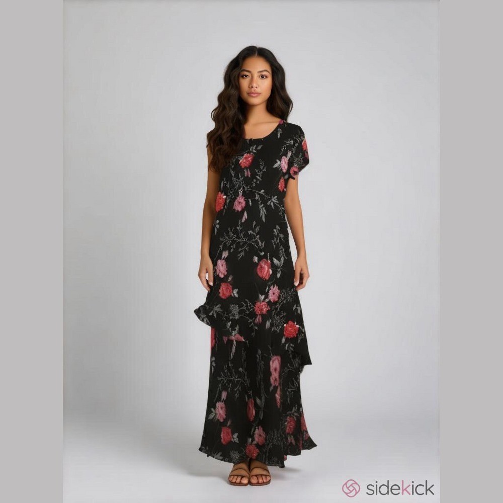 Eva Blue Dress Size 10 Black Floral Rayon Beaded Layered Midi Maxi Short Sleeve