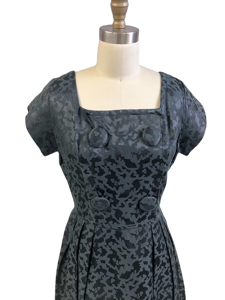 VTG 1960s Black Damask Cocktail Dress NWOT Square Neck Buttons Full Skirt S/M