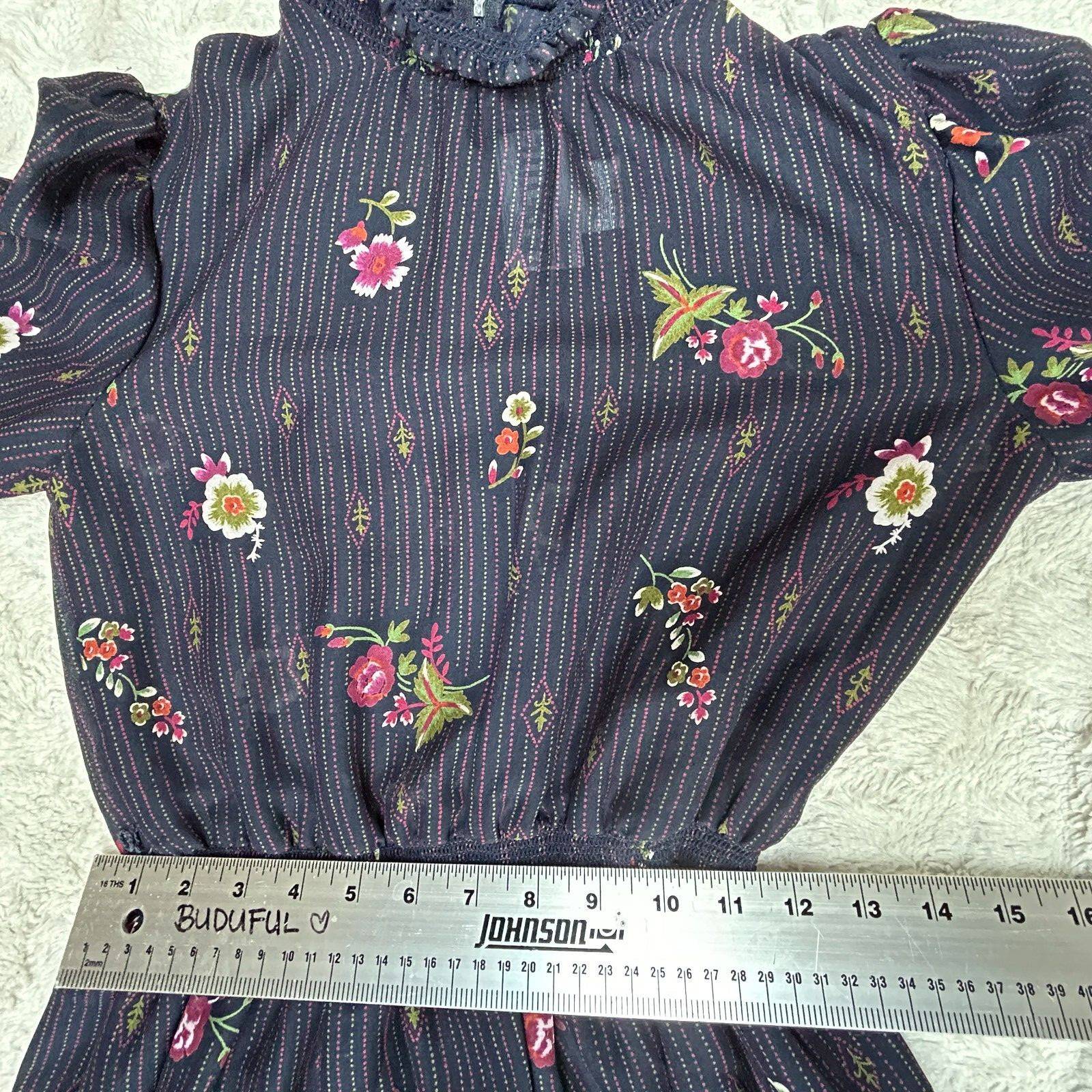 LF Petite Vintage Union Made Floral Print Mock Neck Ruffle Dress Size 6 Navy