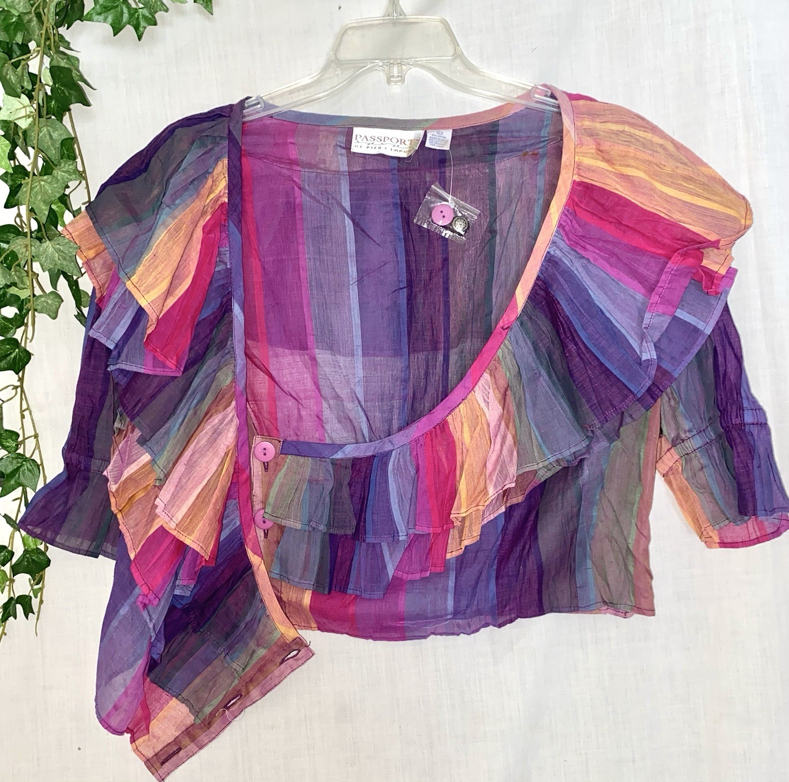 New! VTG Passports Colorful Stripe Ruffled India Cotton Top Peasant Boho L