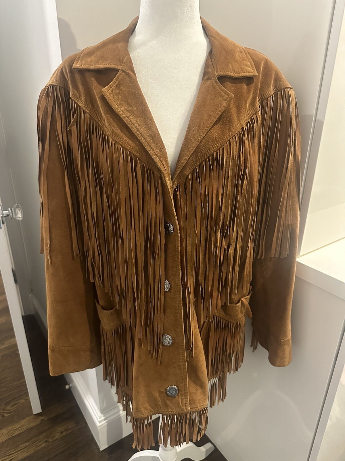 Cedars Vintage Suede Leather Fringe Jacket Brown Indian Head Buttons Large Boho