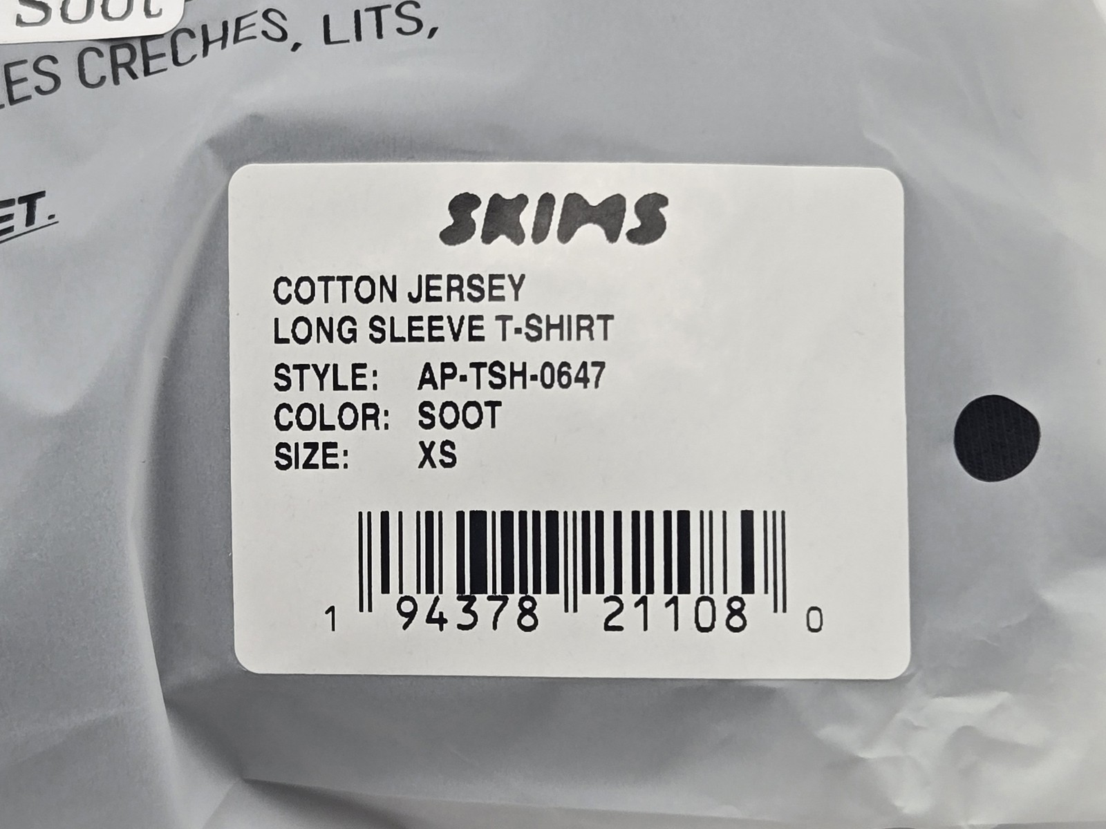 NEW Skims Cotton Jersey Long Sleeve Tshirt COLOR Soot SIZE XS