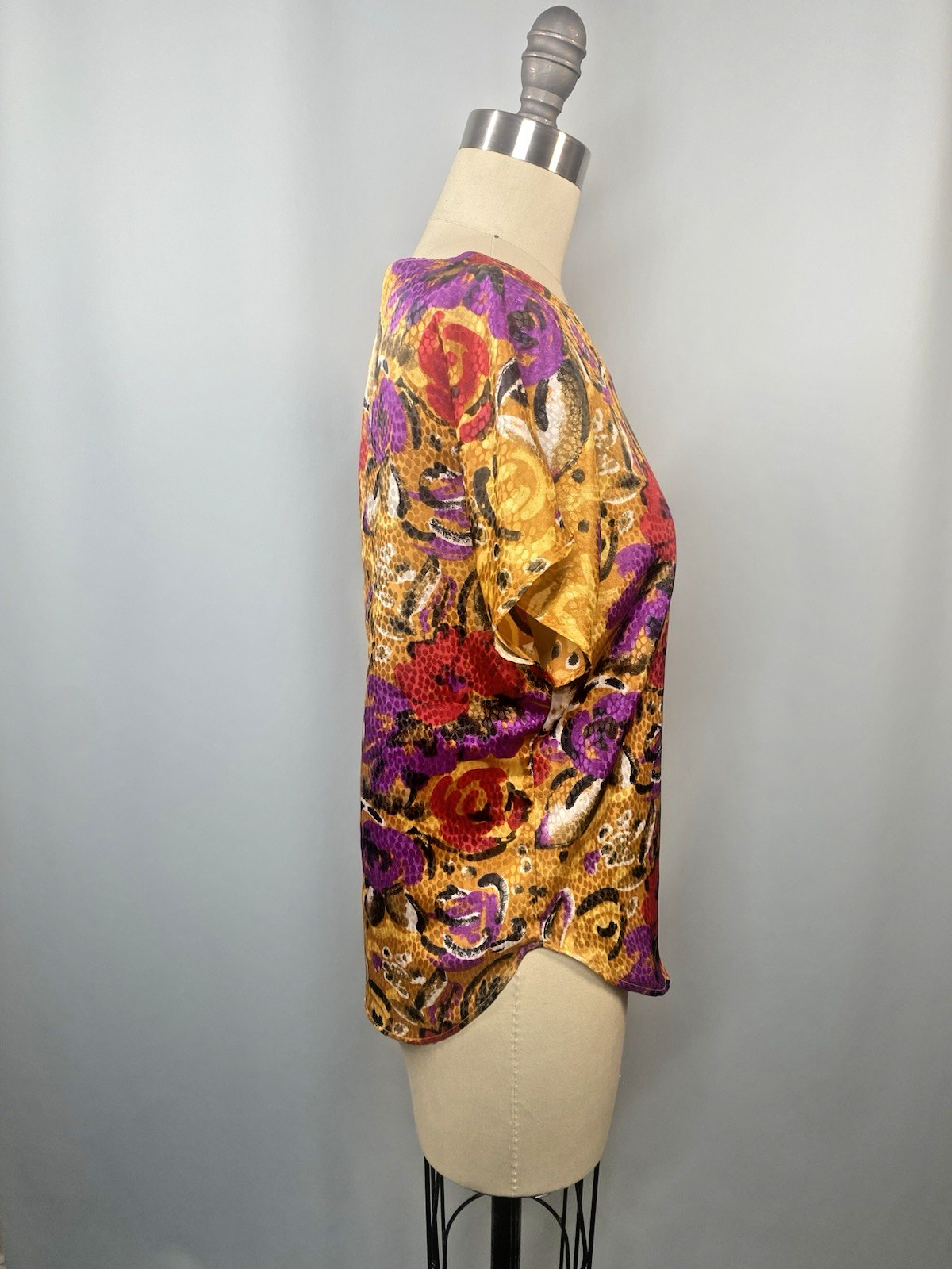 Vintage Blouse SIZE 4 XS PETITE gold red purple floral NOTATIONS 80s 90s