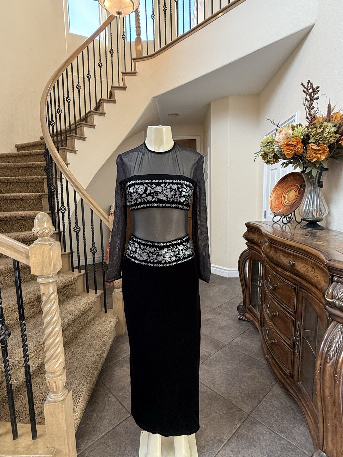Vintage 90s CDC Caren Desiree Velvet Mesh Maxi Dress Black Silver Embroidered 6