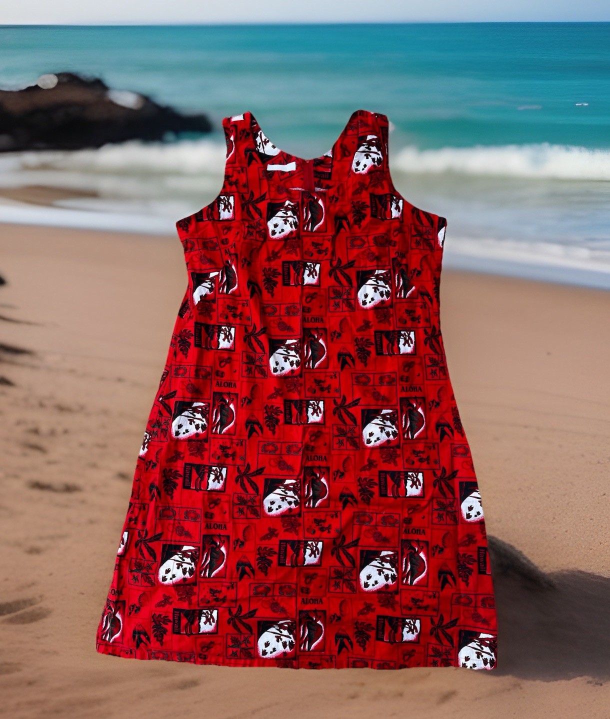 Vintage 70s Hawaiian Shift Dress Red Cotton Patchwork Print Aloha XL YKK Zip